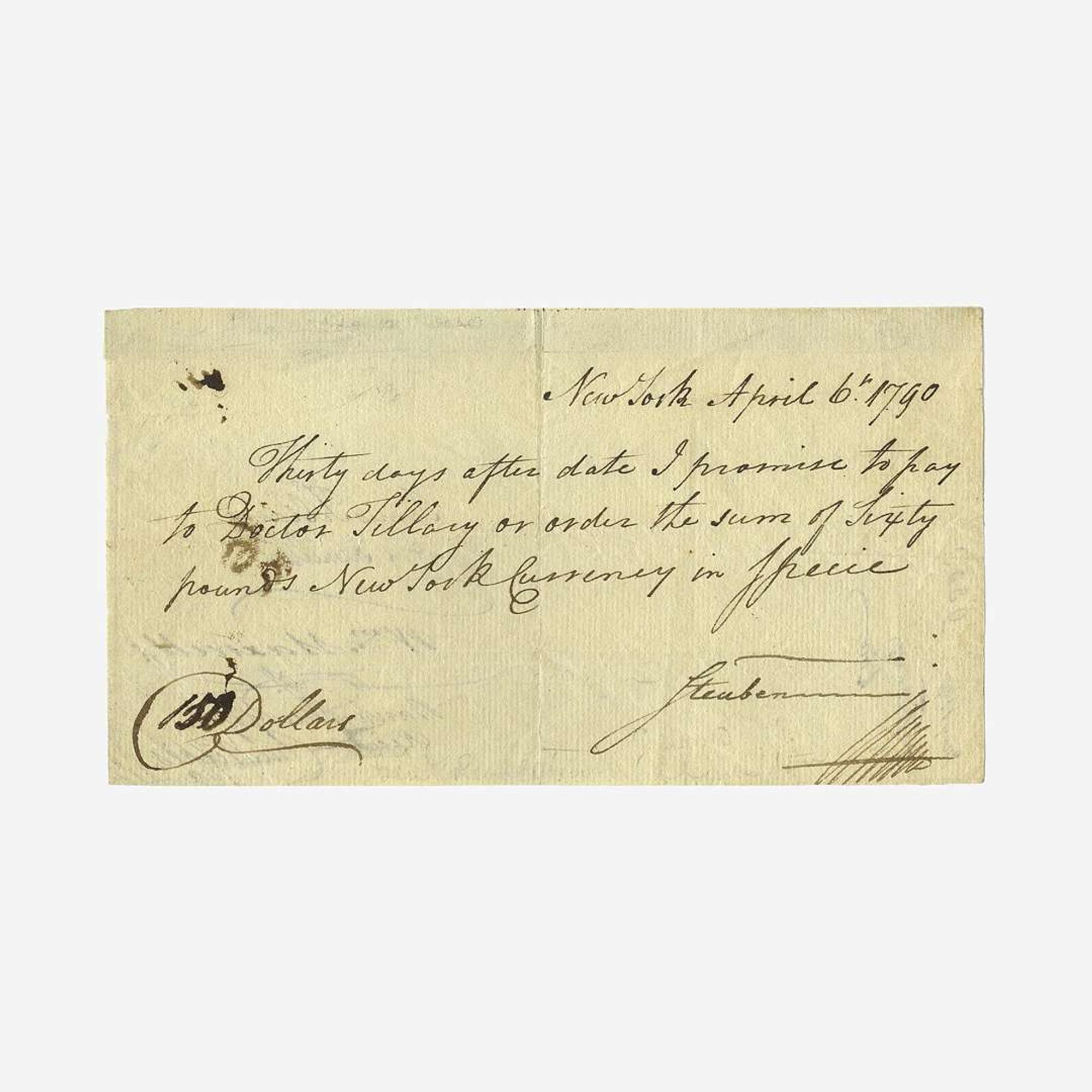 [Hamilton, Alexander] Steuben, Baron von, and Alexander Hamilton Promissory Note, signed and endorsed