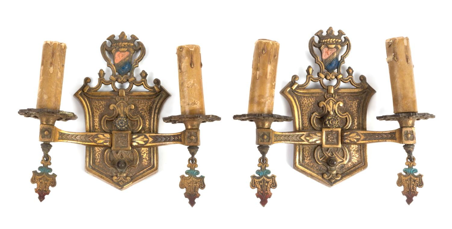 A Pair of Two-Light Gilt Metal Sconces Height 10 inches.