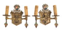 A Pair of Two-Light Gilt Metal Sconces Height 10 inches.