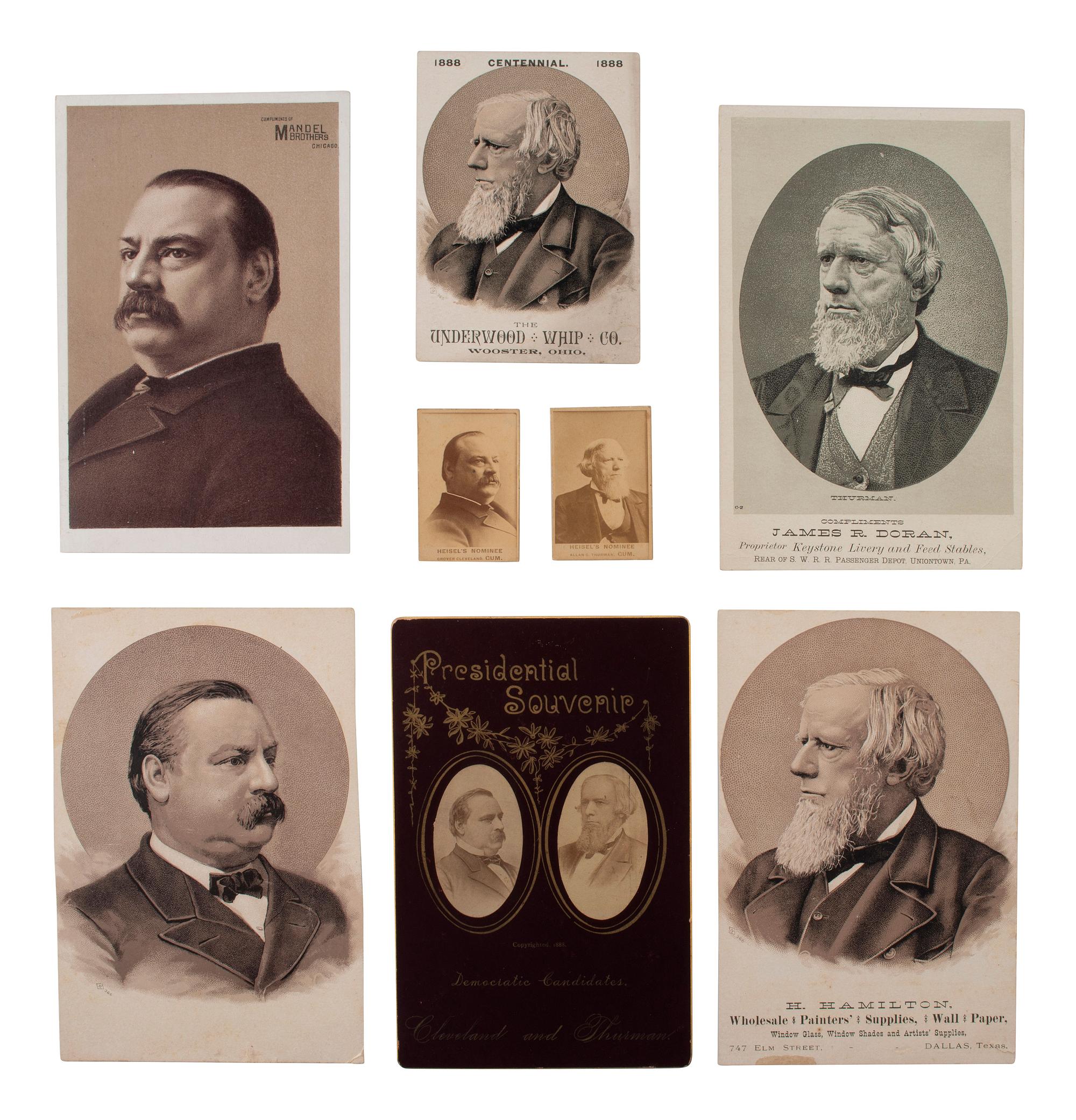 [1888 ELECTION]. Campaign bandanas, jugate fan, and other ephemera from the Grover Cleveland and Allen G. Thurman 1888 campaign, comprising: