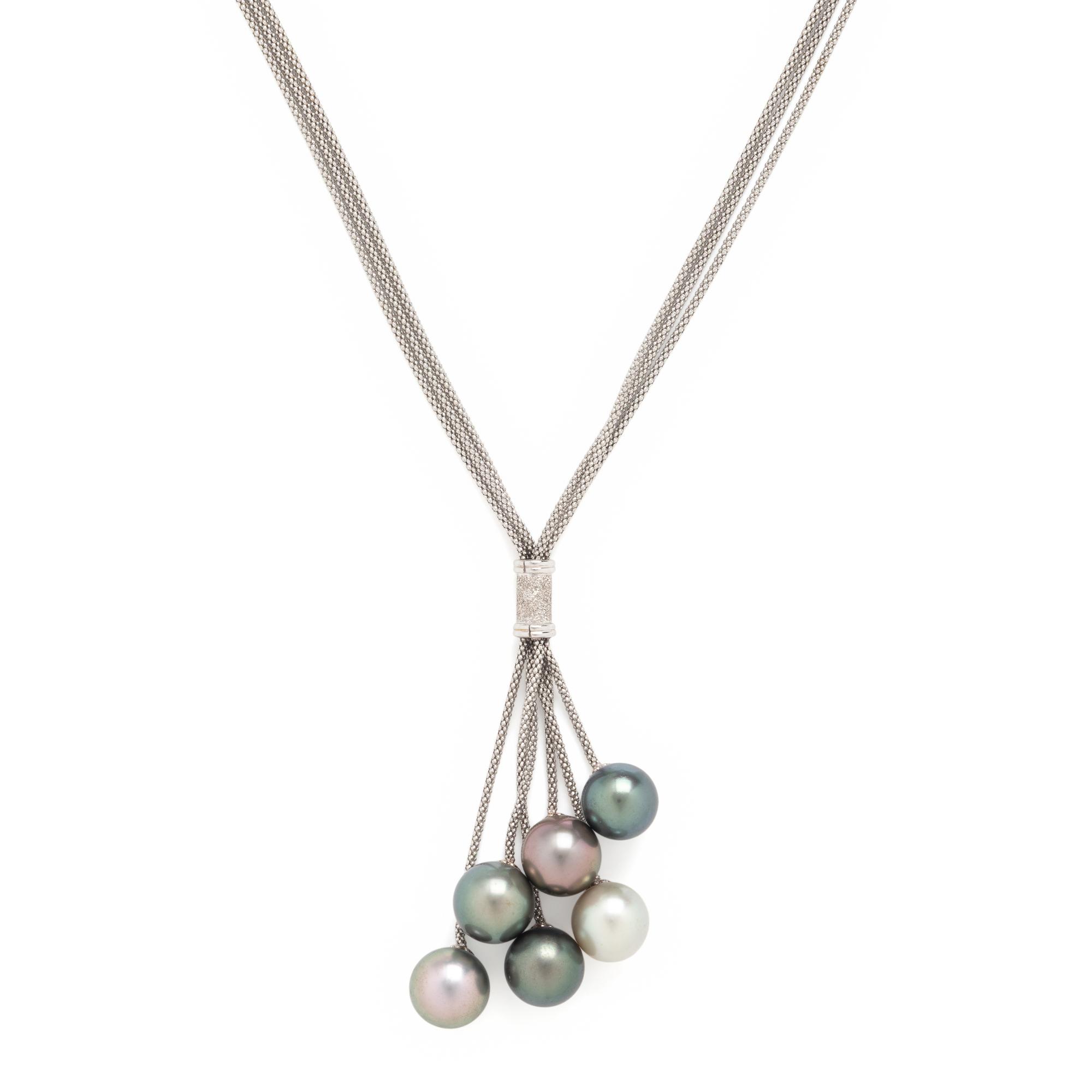 Cultured Pearl and White Gold Tassel Necklace