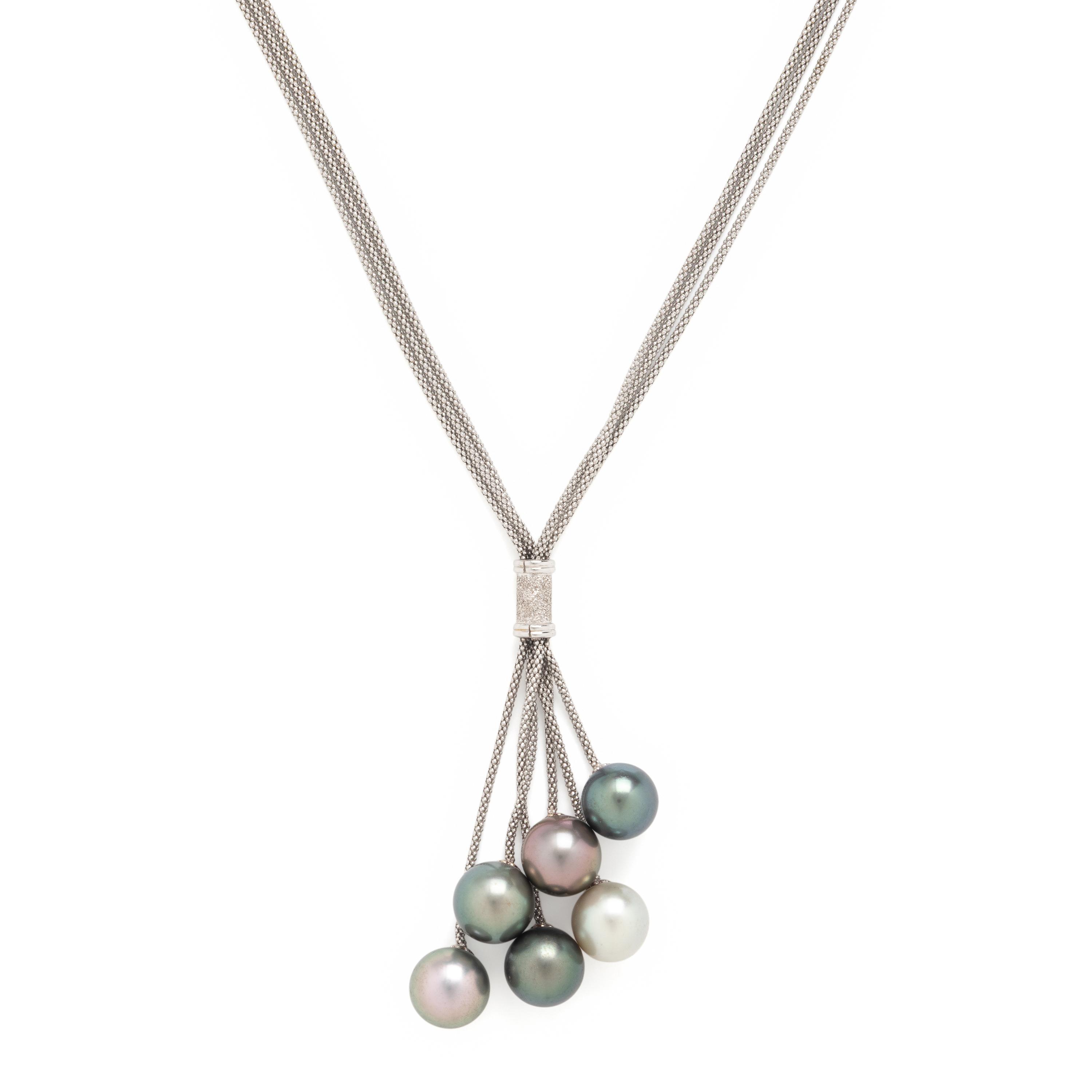 Cultured Pearl and White Gold Tassel Necklace