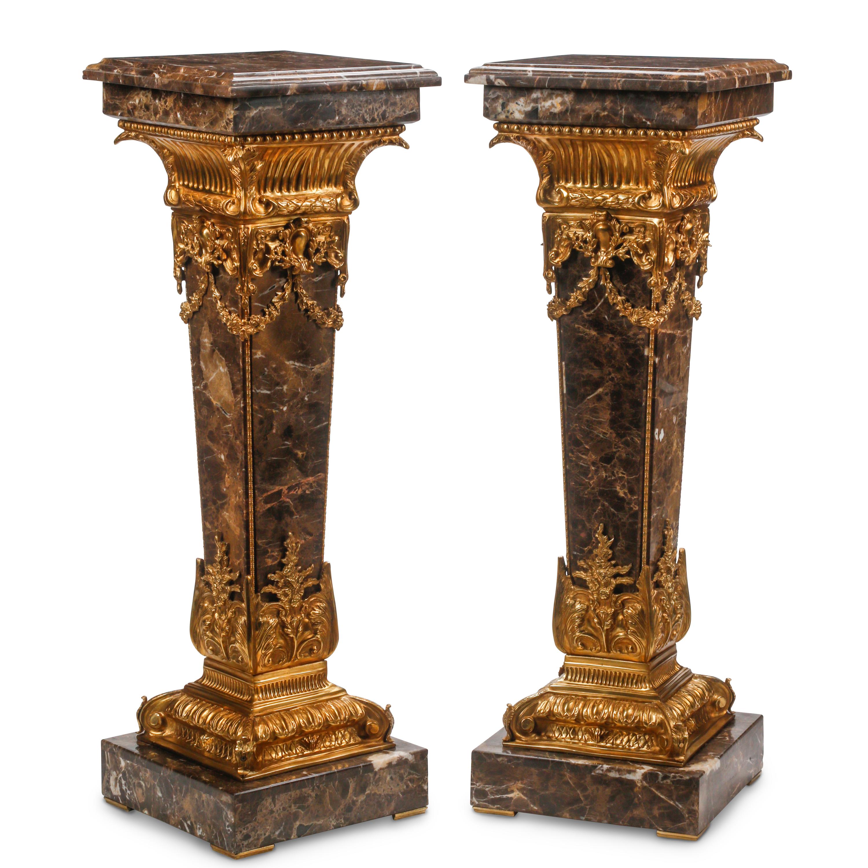 A Pair of Gilt Bronze Mounted Marble Pedestals