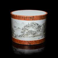 A Chinese Faux Bois and Grisaille Decorated 'Landscape' Brush Pot — 仿木紋釉墨彩高士策杖圖筆筒