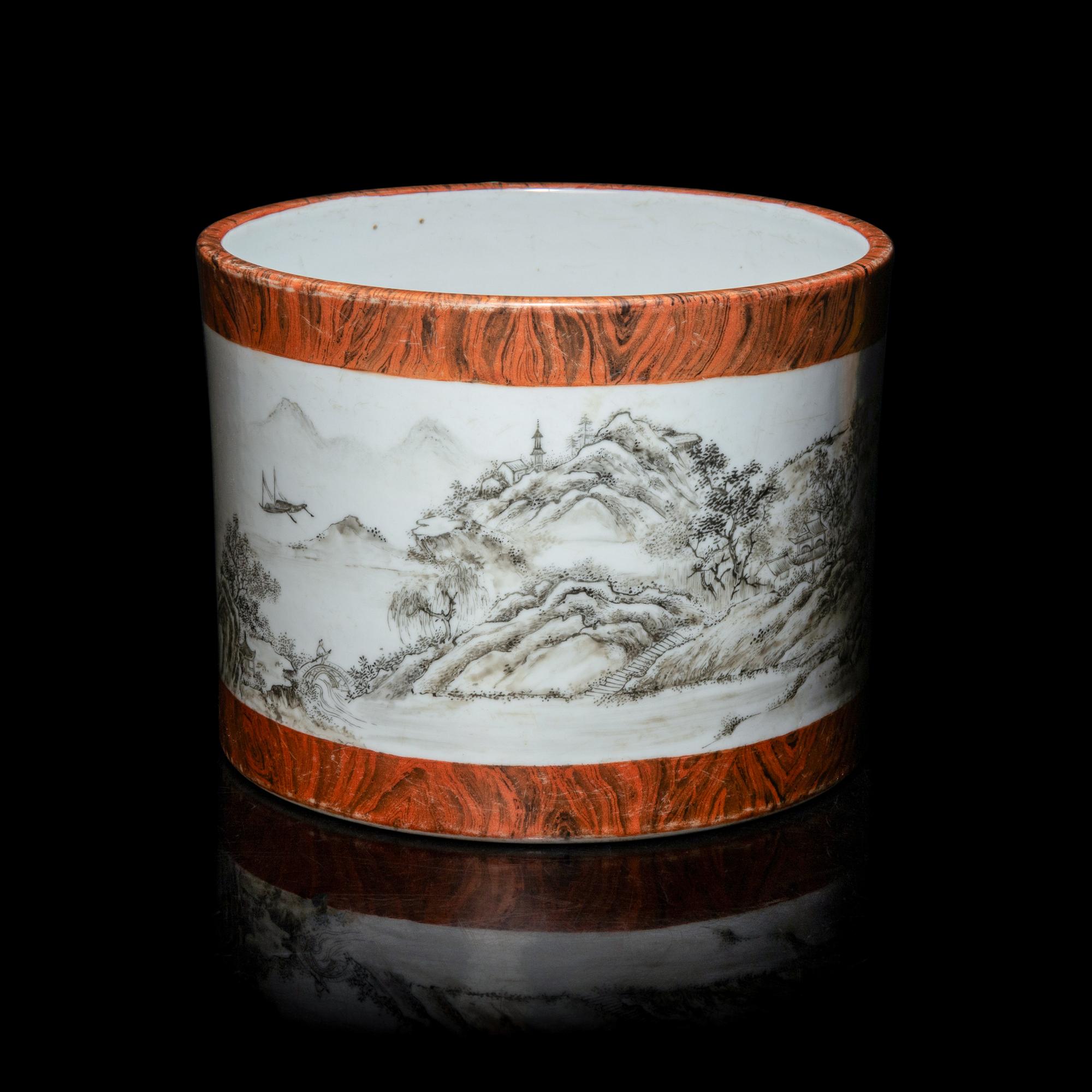A Chinese Faux Bois and Grisaille Decorated 'Landscape' Brush Pot — 仿木紋釉墨彩高士策杖圖筆筒