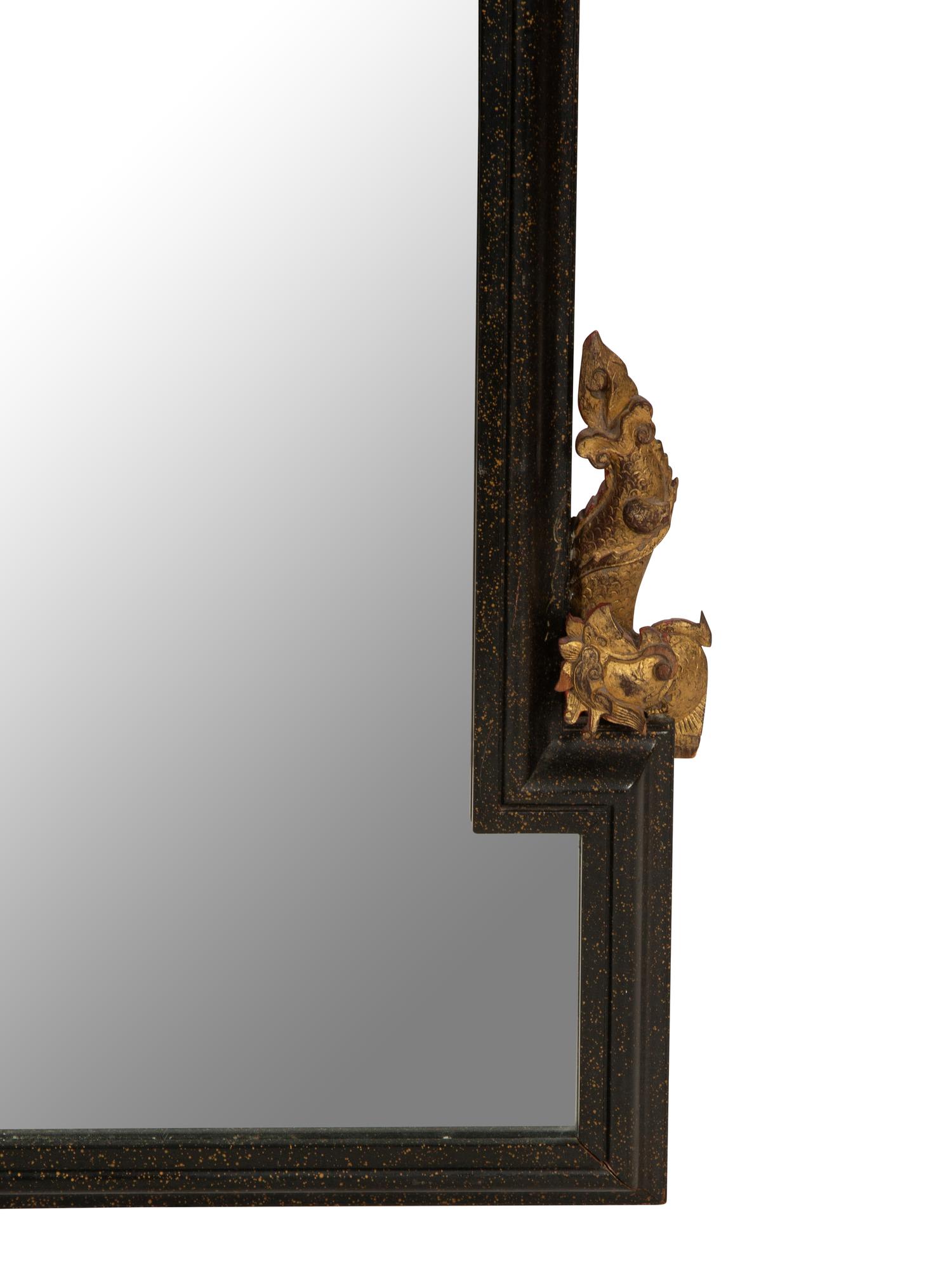 An Modernist Chinese Black Lacquer Framed Wall Mirror with Gilt Accents