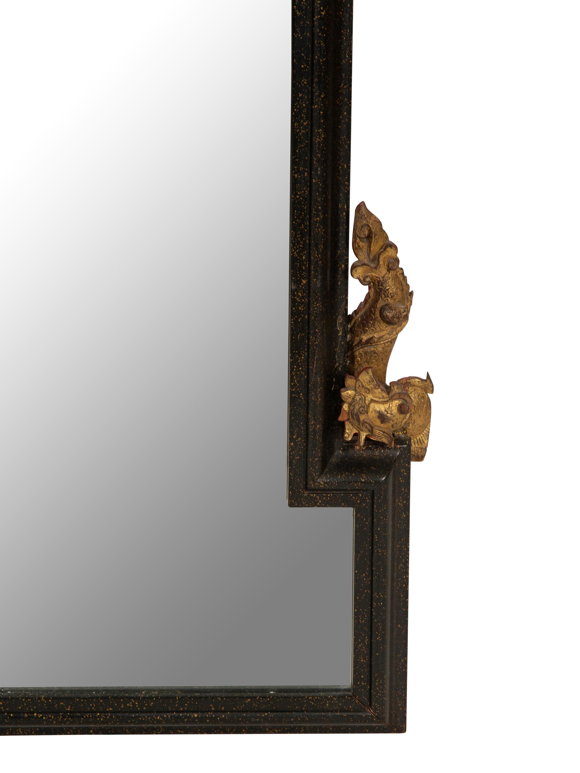 An Modernist Chinese Black Lacquer Framed Wall Mirror with Gilt Accents