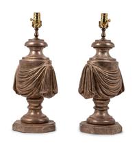 A Pair of Silvered Carved Wood Urns Mounted as Lamps