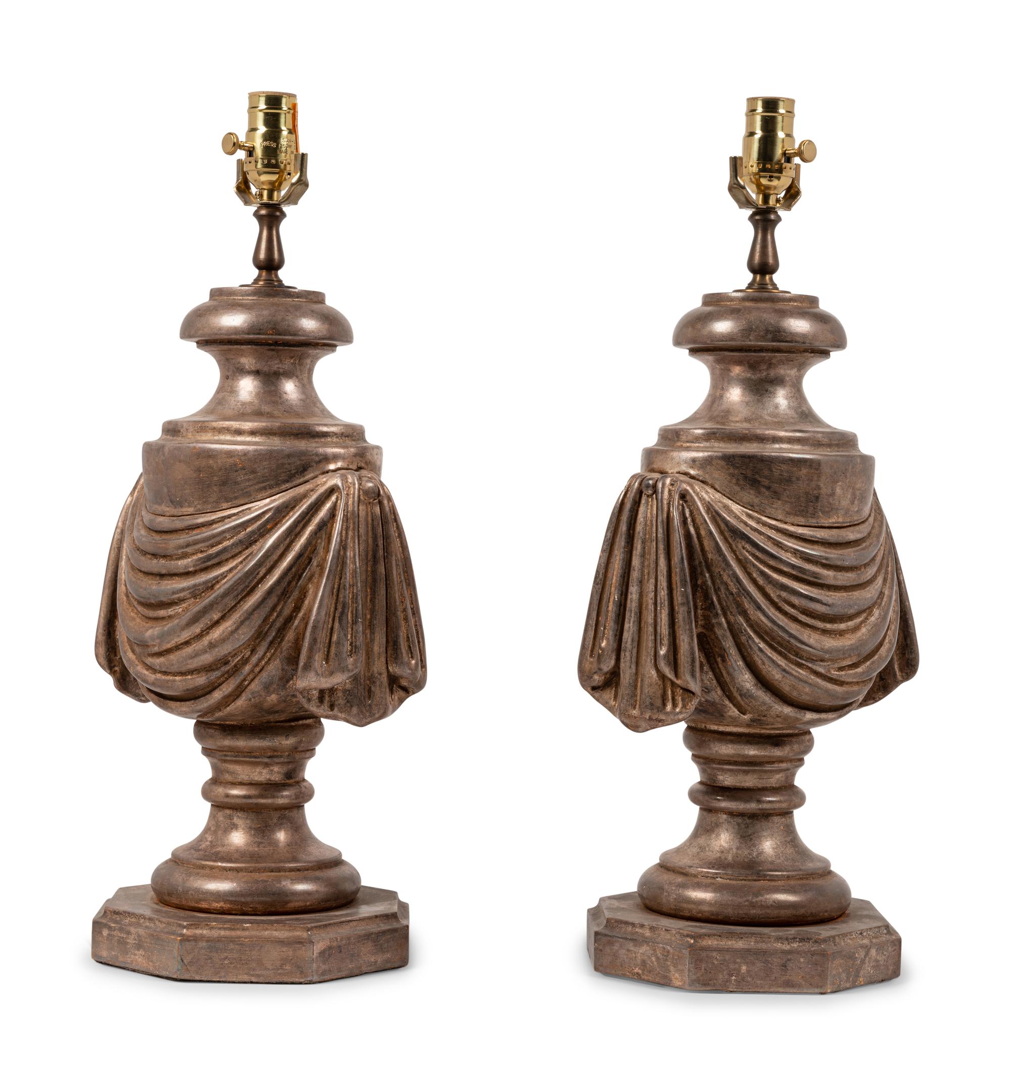 A Pair of Silvered Carved Wood Urns Mounted as Lamps