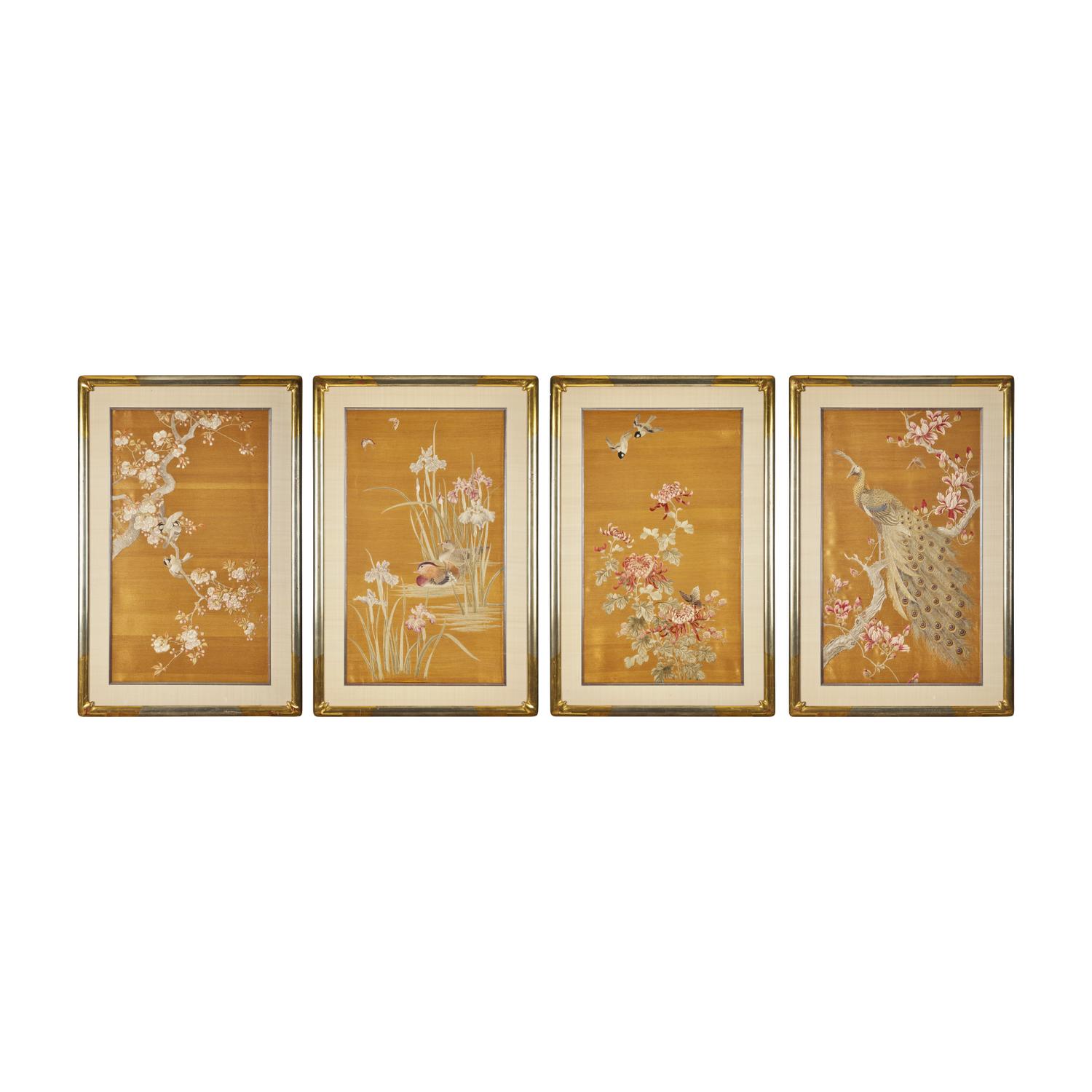 A Set of Four Finely Worked Japanese 'Birds and Flowers' Needlework Panels, Meiji Period 日本明治時期 織綉花鳥圖四幅