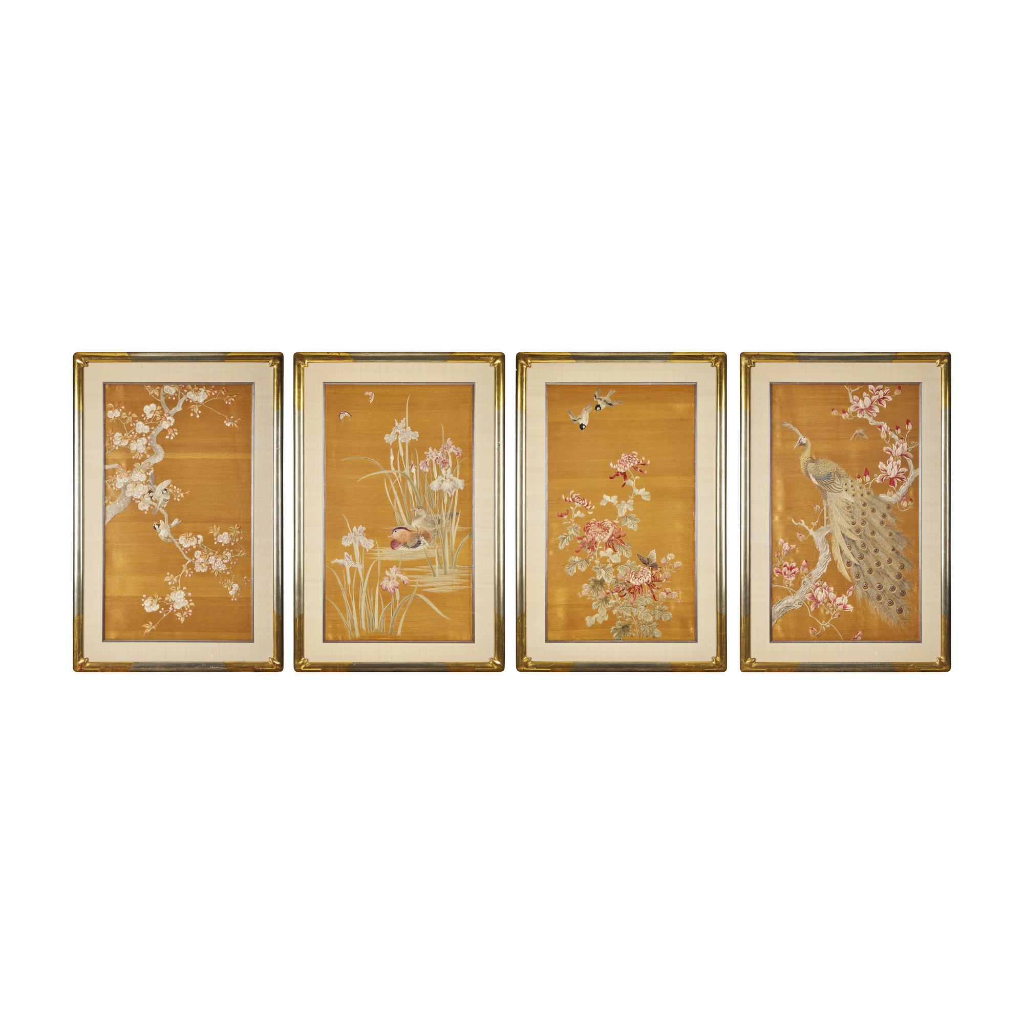 A Set of Four Finely Worked Japanese 'Birds and Flowers' Needlework Panels, Meiji Period 日本明治時期 織綉花鳥圖四幅