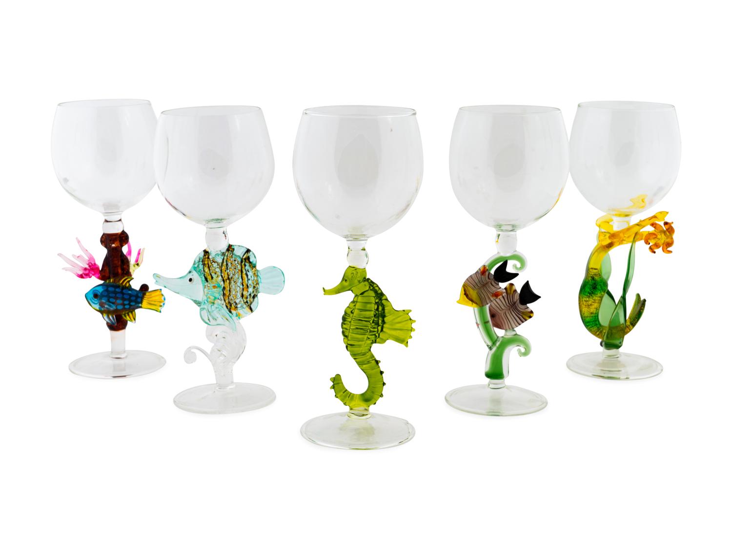 Twenty-eight Blown Clear and Colored Glass Figural Wine Glasses — 20TH CENTURY