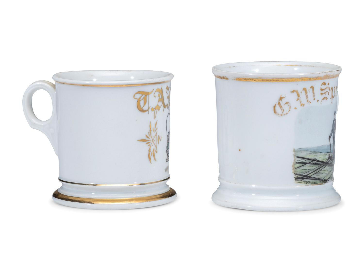 Two Railroad Worker's Porcelain Occupational Shaving Mugs