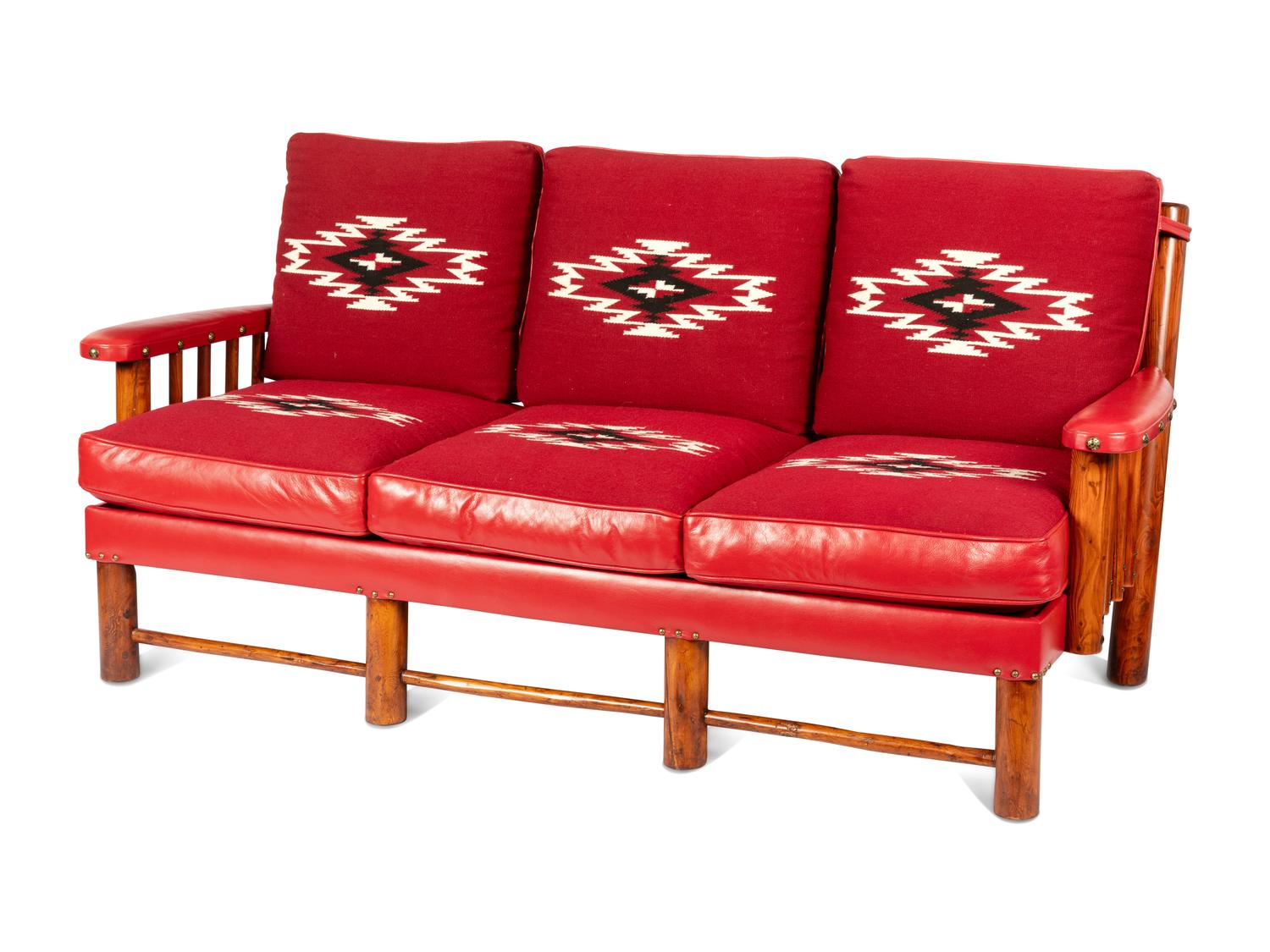 Spindle Sided Couch with leather and Chimayo Weavings, circa 1945