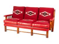 Spindle Sided Couch with leather and Chimayo Weavings, circa 1945