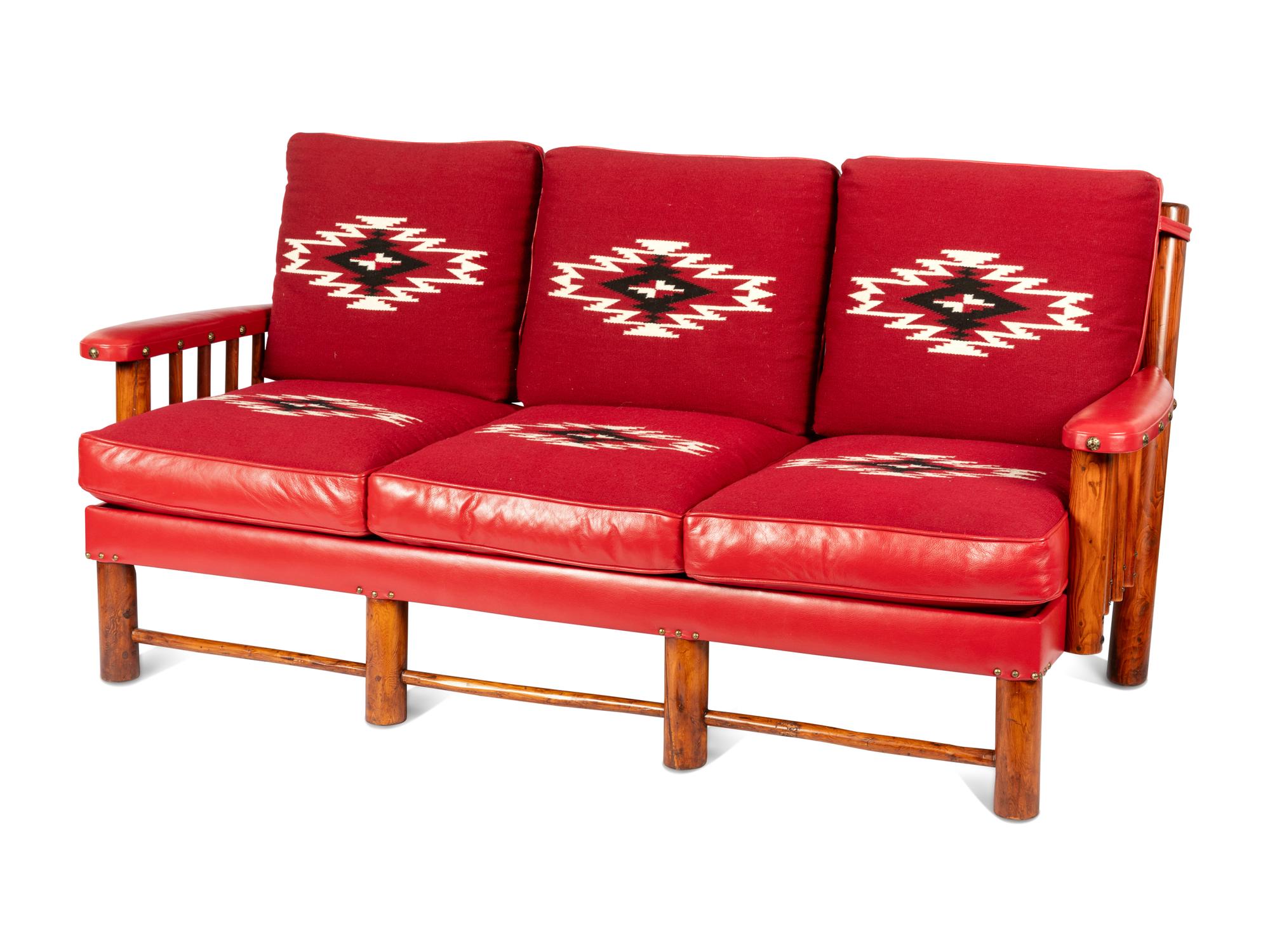 Spindle Sided Couch with leather and Chimayo Weavings, circa 1945