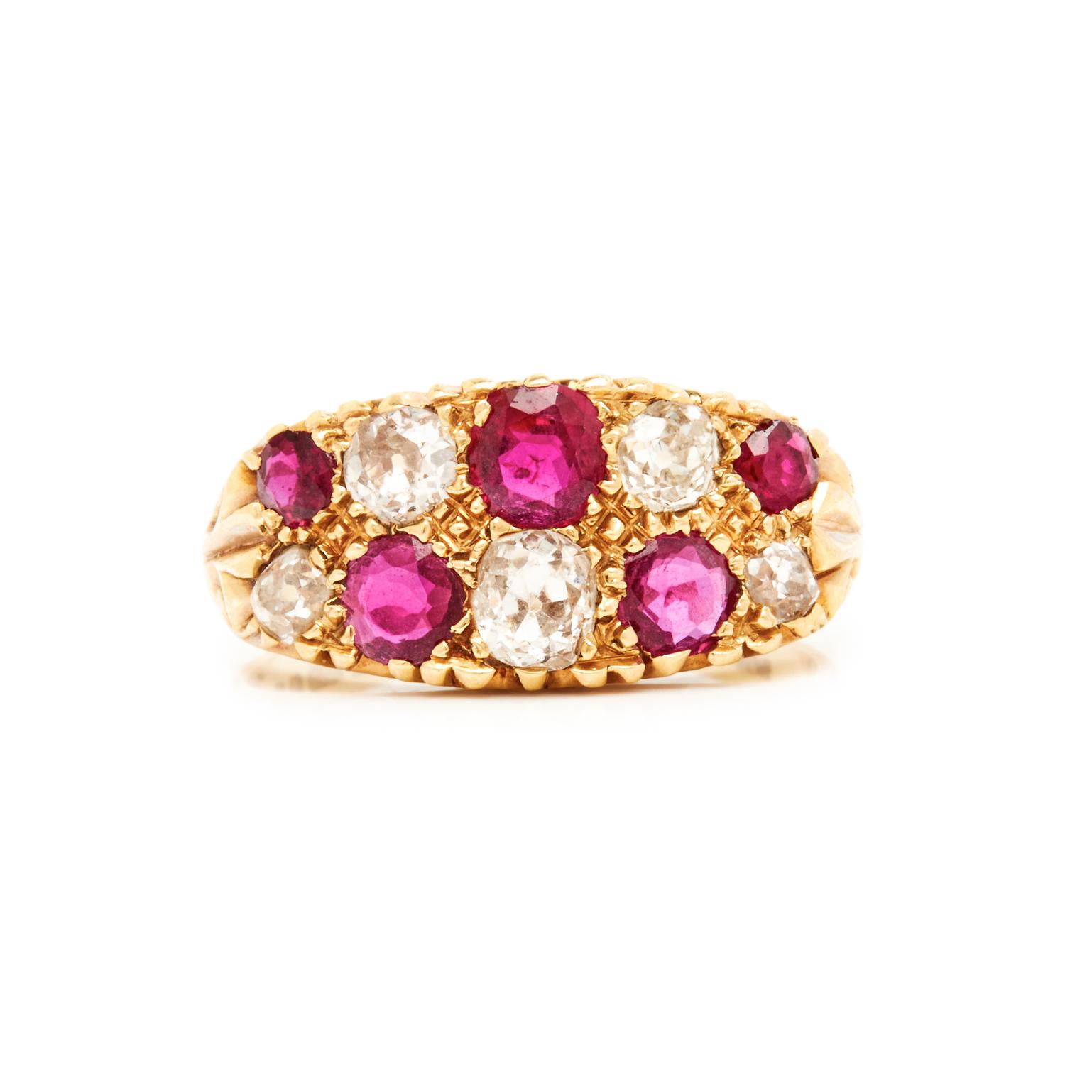 DIAMOND, SYNTHETIC RUBY AND YELLOW GOLD RING