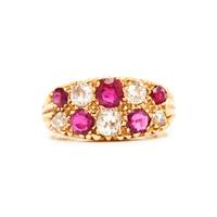 DIAMOND, SYNTHETIC RUBY AND YELLOW GOLD RING