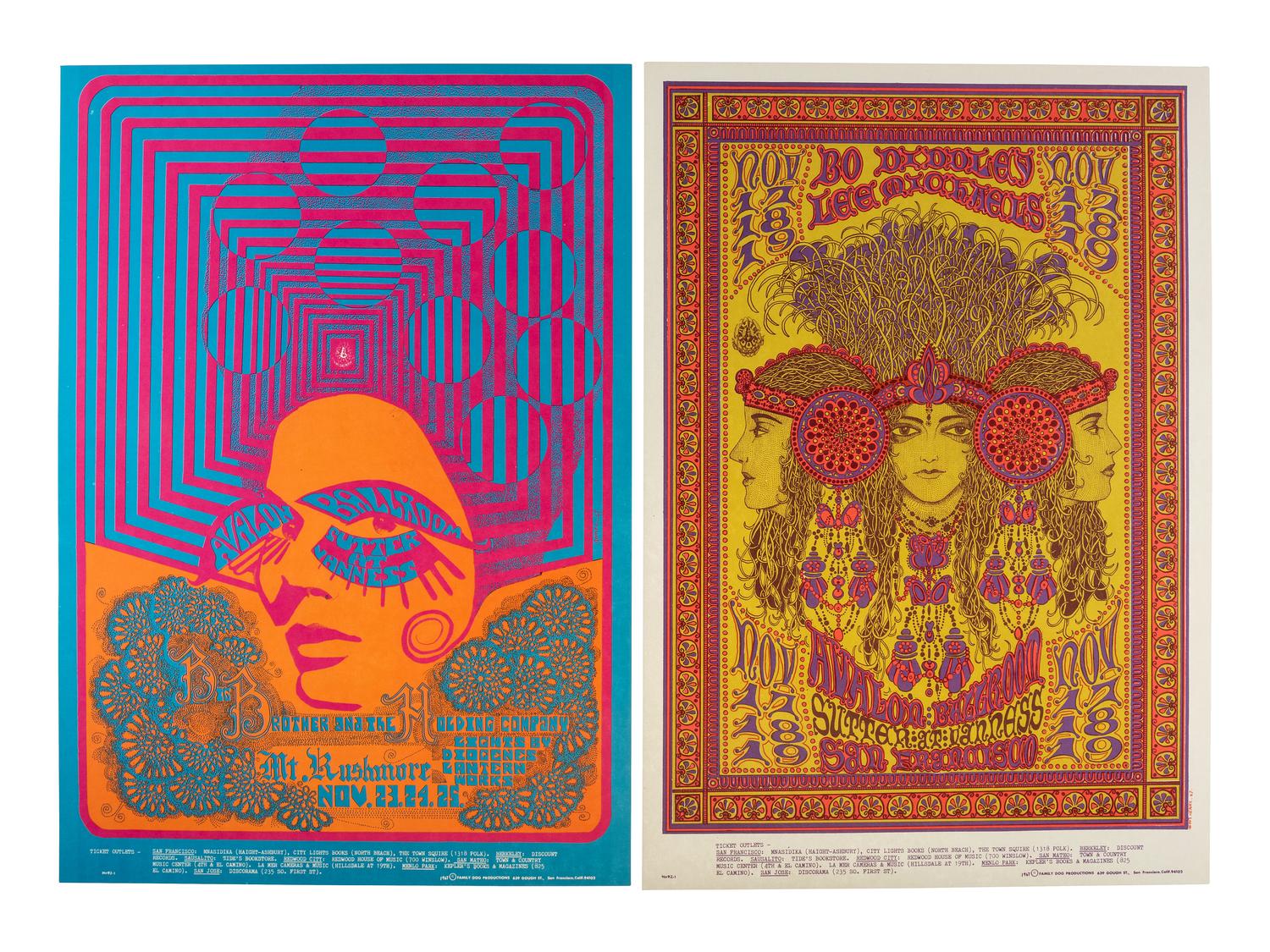 [MUSIC] -- [POSTERS]. JOHNSON, Chris, HENRY, William S., GOMEZ, Joe, GRIFFIN, Rick, and MOSCOSO, Victor, artists. A group of 8 Family Dog posters from 1967, comprising: