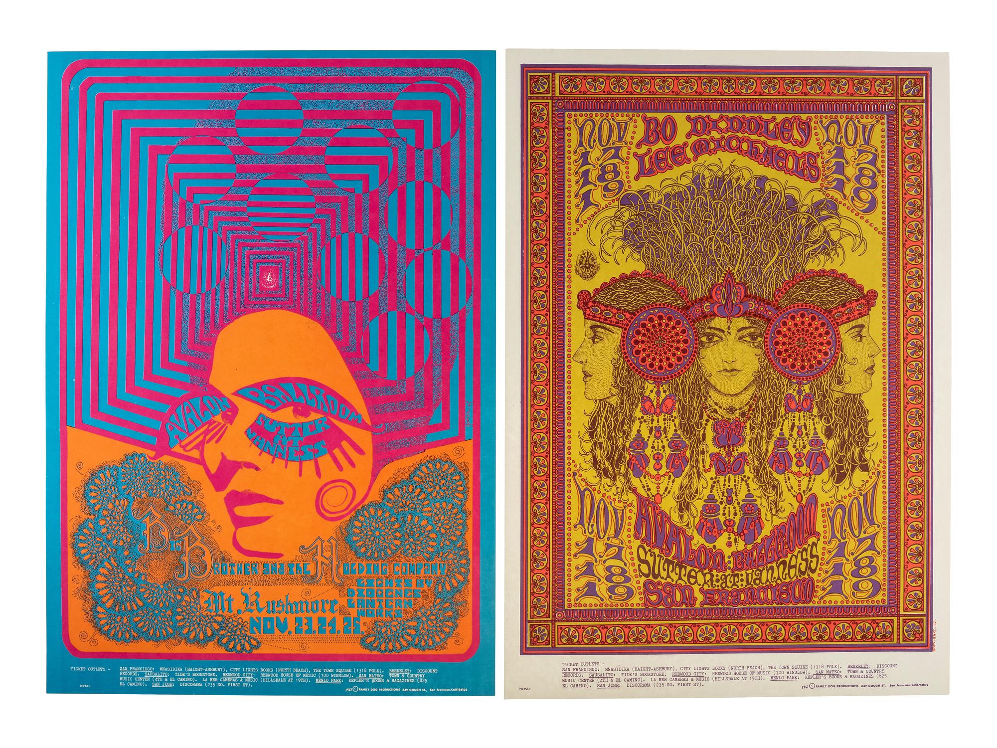 [MUSIC] -- [POSTERS]. JOHNSON, Chris, HENRY, William S., GOMEZ, Joe, GRIFFIN, Rick, and MOSCOSO, Victor, artists. A group of 8 Family Dog posters from 1967, comprising: