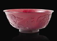 A Chinese carved ruby glass bowl, 18th century 紅琉璃盌配木底座 盌為十八世紀