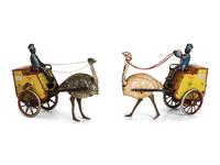 Two Lehmann 'Zulu' Tin Lithograph Ostrich Cart Windup Toys