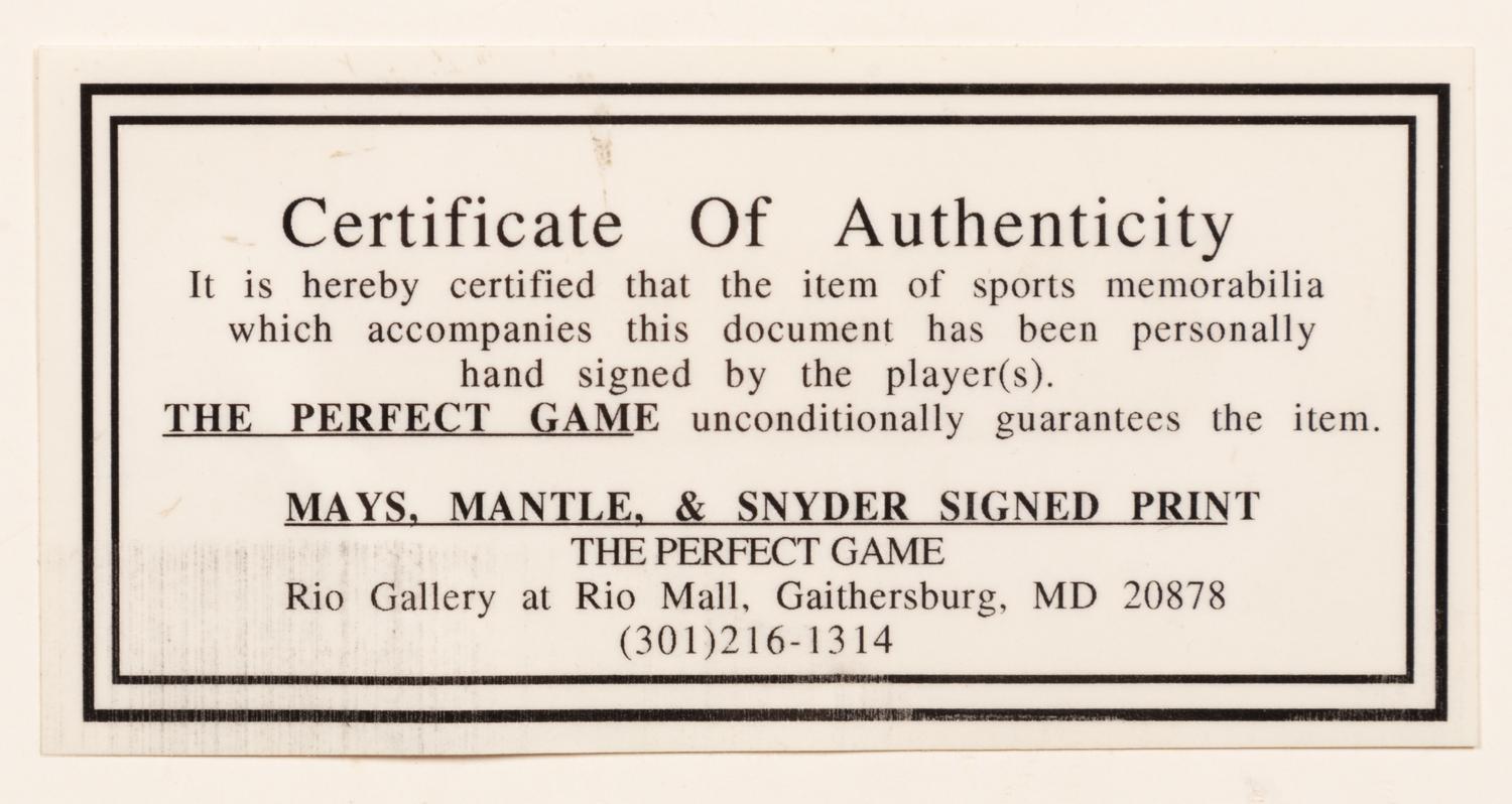 A Willie Mays, Mickey Mantle and Duke Snider Signed Flip Amato Print,