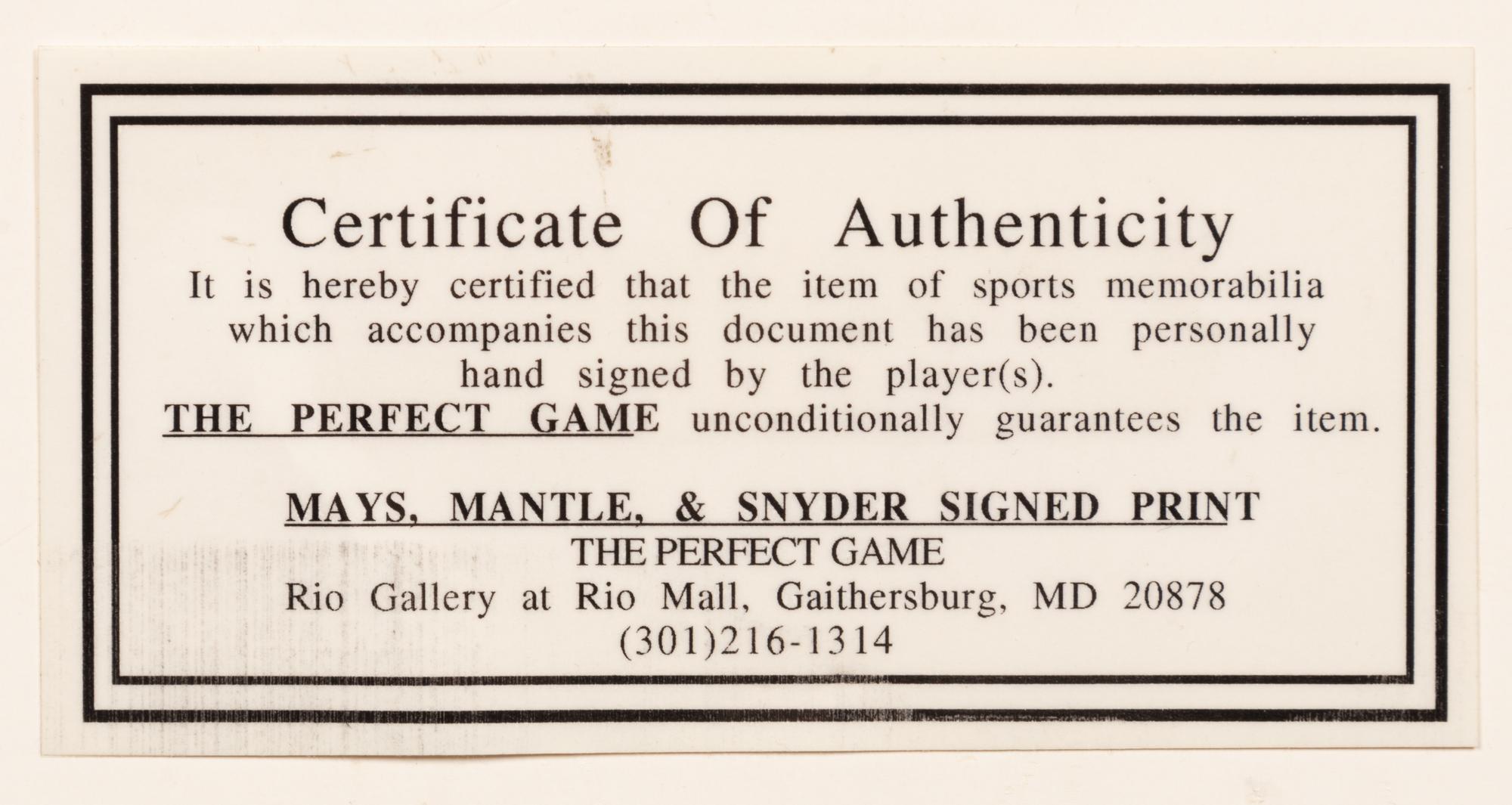 A Willie Mays, Mickey Mantle and Duke Snider Signed Flip Amato Print,