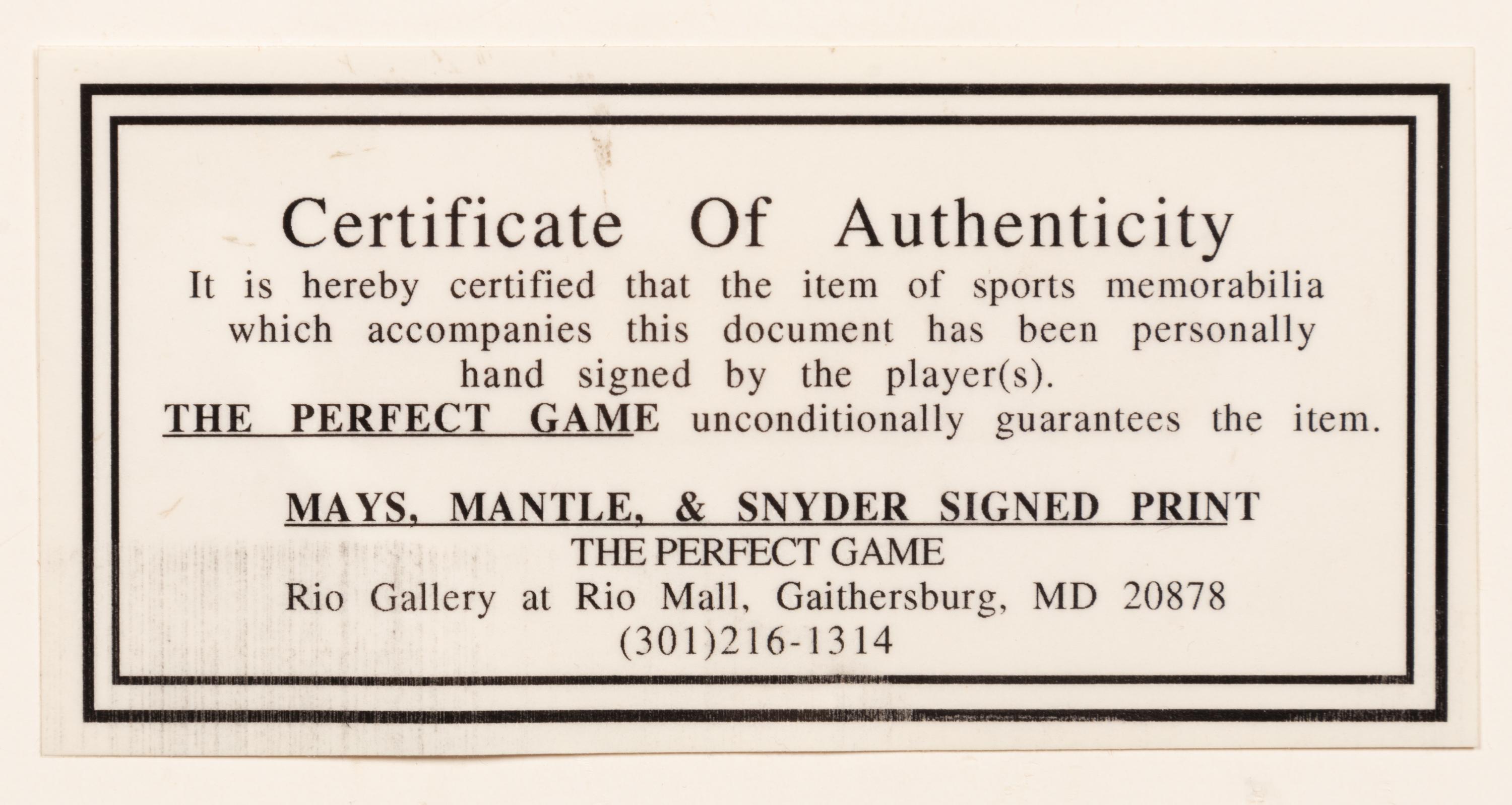 A Willie Mays, Mickey Mantle and Duke Snider Signed Flip Amato Print,