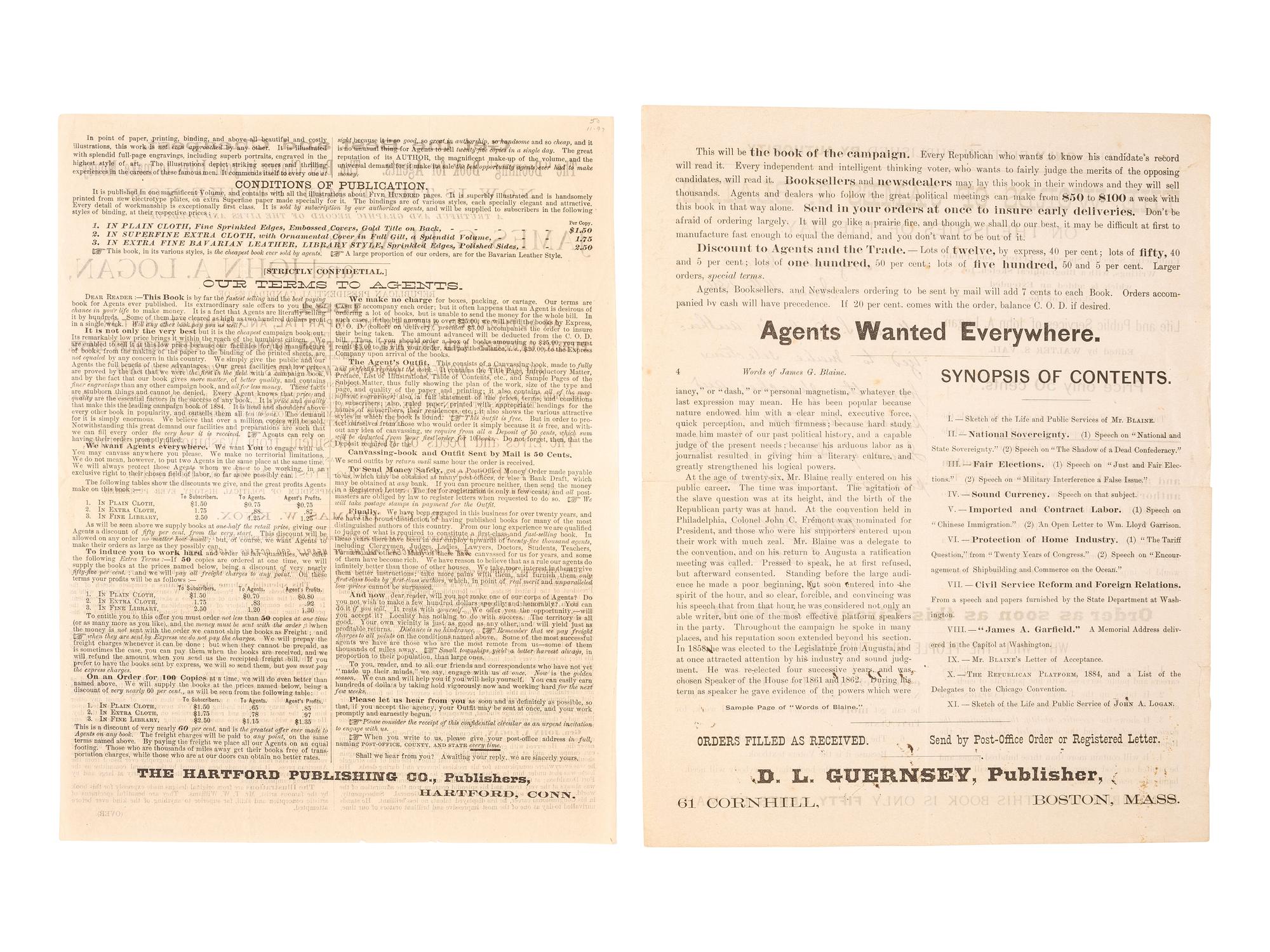[1884 ELECTION]. -- [BLAINE, James G.]. Broadsides from the 1884 Blaine and Logan campaign, comprising: