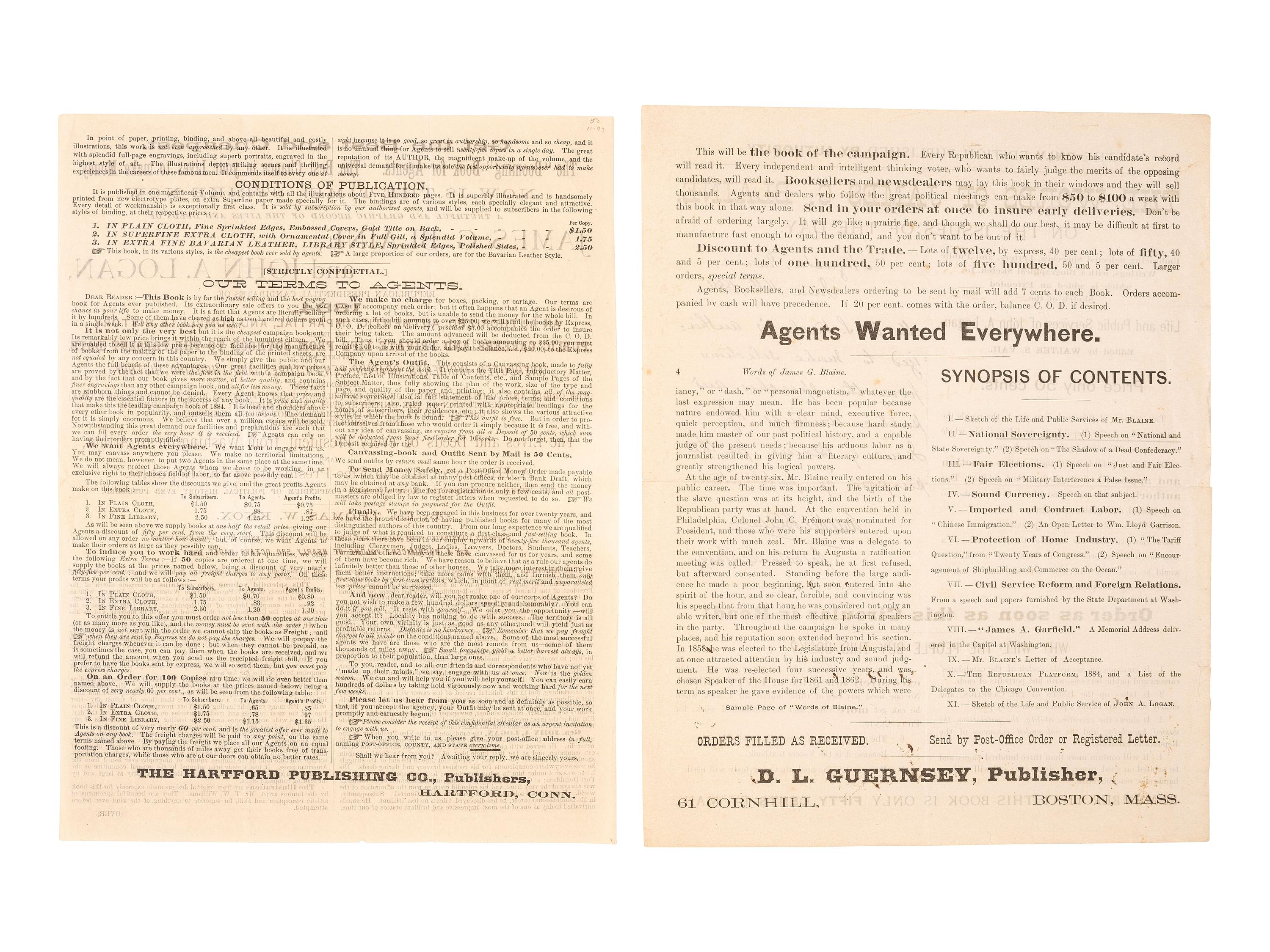 [1884 ELECTION]. -- [BLAINE, James G.]. Broadsides from the 1884 Blaine and Logan campaign, comprising:
