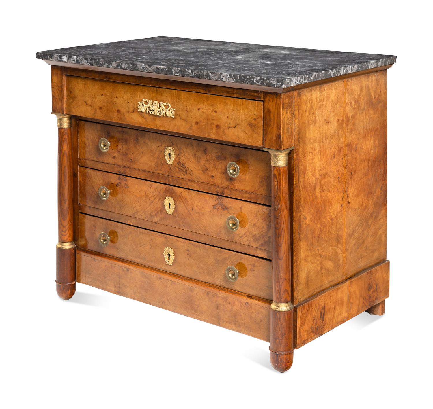 An Empire Revival Gilt Bronze Mounted Burl Walnut Marble-Top Commode