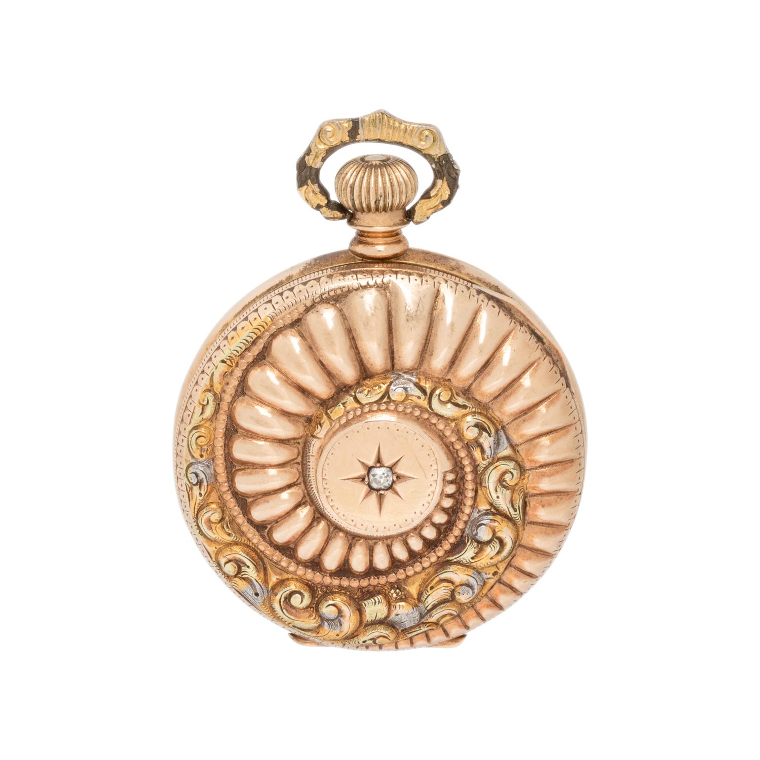 ELGIN, 14K TRICOLOR GOLD AND DIAMOND HUNTER CASE POCKET WATCH