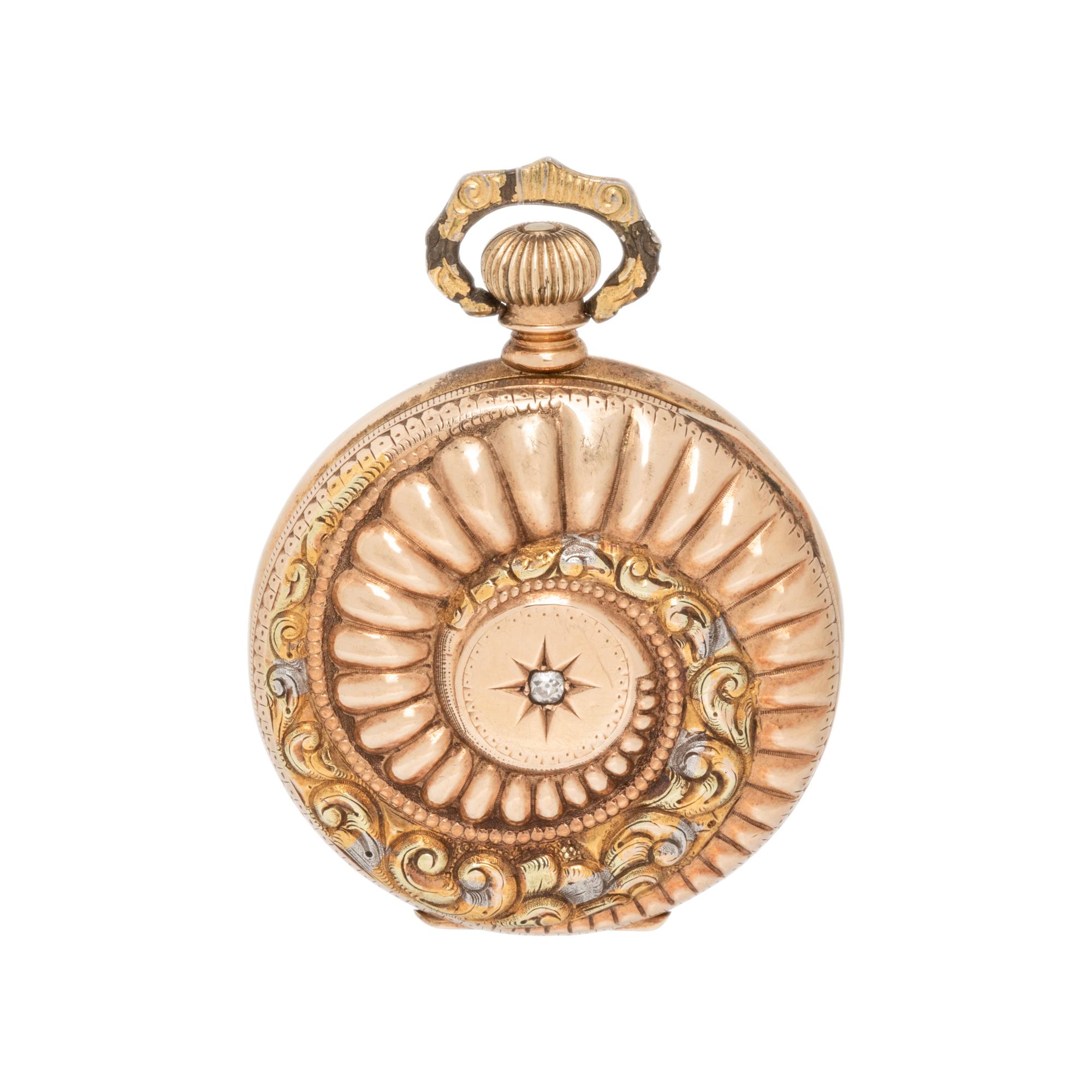 ELGIN, 14K TRICOLOR GOLD AND DIAMOND HUNTER CASE POCKET WATCH