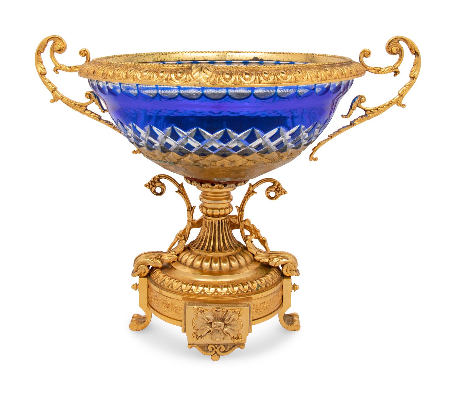 A Gilt Bronze Mounted Cobalt Blue Cut-to-Clear Glass Centerpiece Bowl