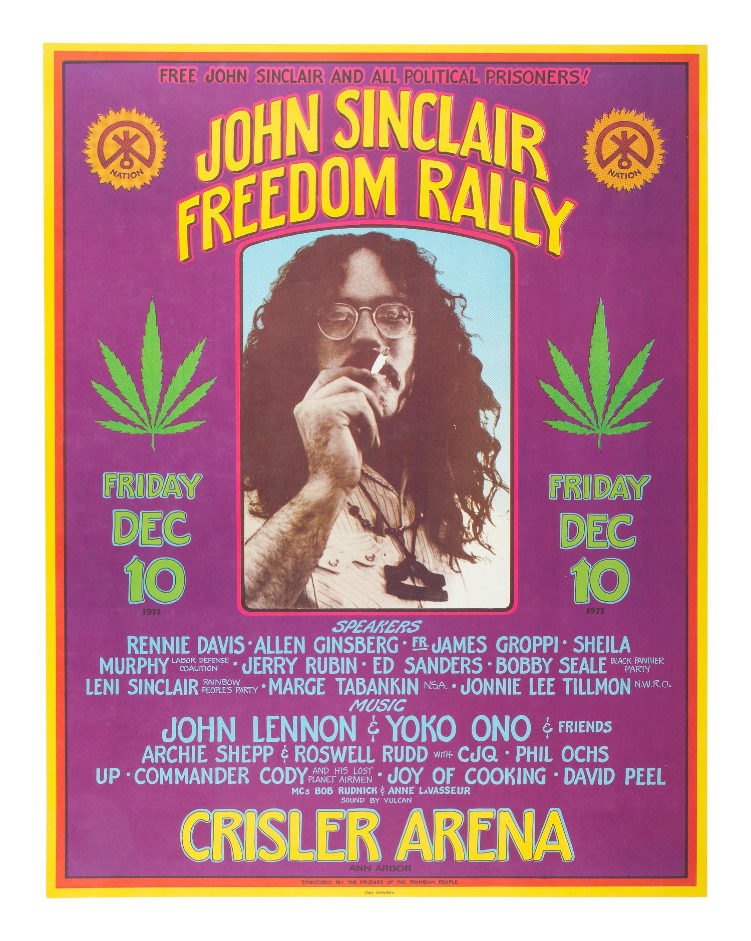 GRIMSHAW, Gary, artist. Free John Sinclair and All Political Prisoners! John Sinclair Freedom Rally / Crisler Arena, Ann Arbor . Sponsored by the Friends of the Rainbow People, 10 December 1971.