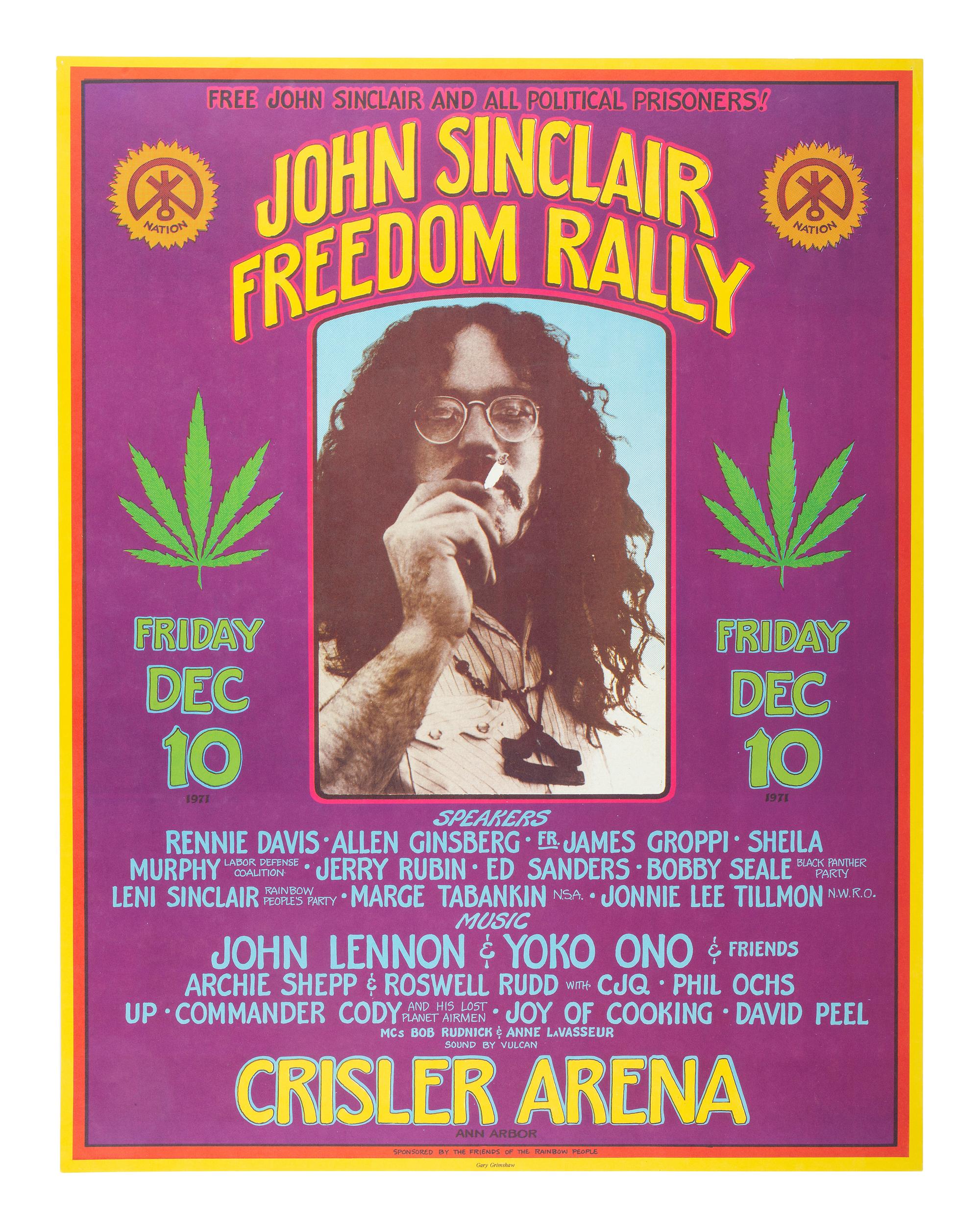 GRIMSHAW, Gary, artist. Free John Sinclair and All Political Prisoners! John Sinclair Freedom Rally / Crisler Arena, Ann Arbor . Sponsored by the Friends of the Rainbow People, 10 December 1971.