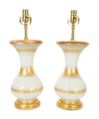 A Pair of Gilt Decorated Opaline Glass Lamps with Giltwood Mounts