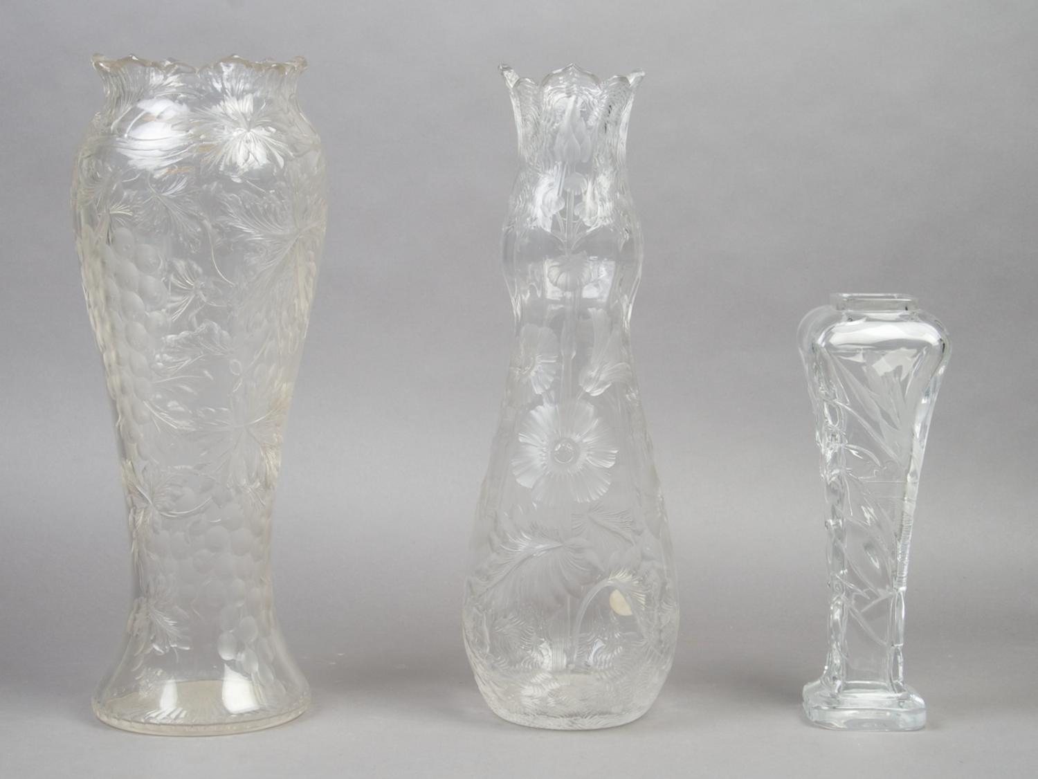 A Collection of Three Cut Glass Vases, Height of tallest 15 3/4 inches.