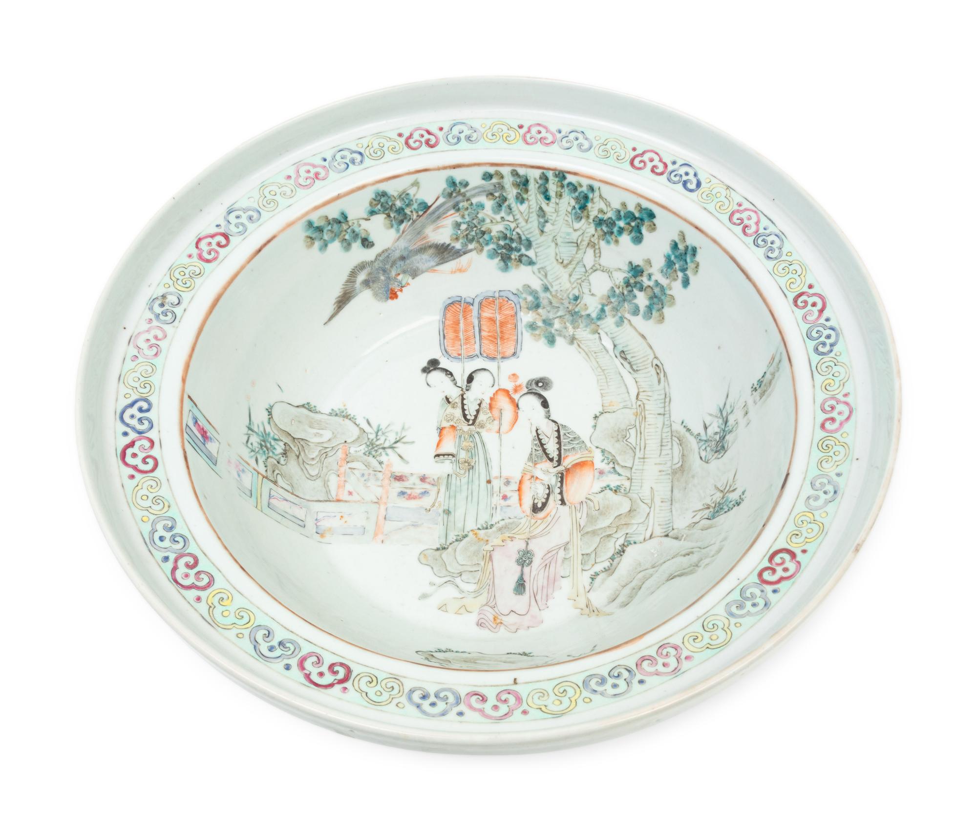 Two Chinese Enameled Porcelain Bowls with Wood Stands