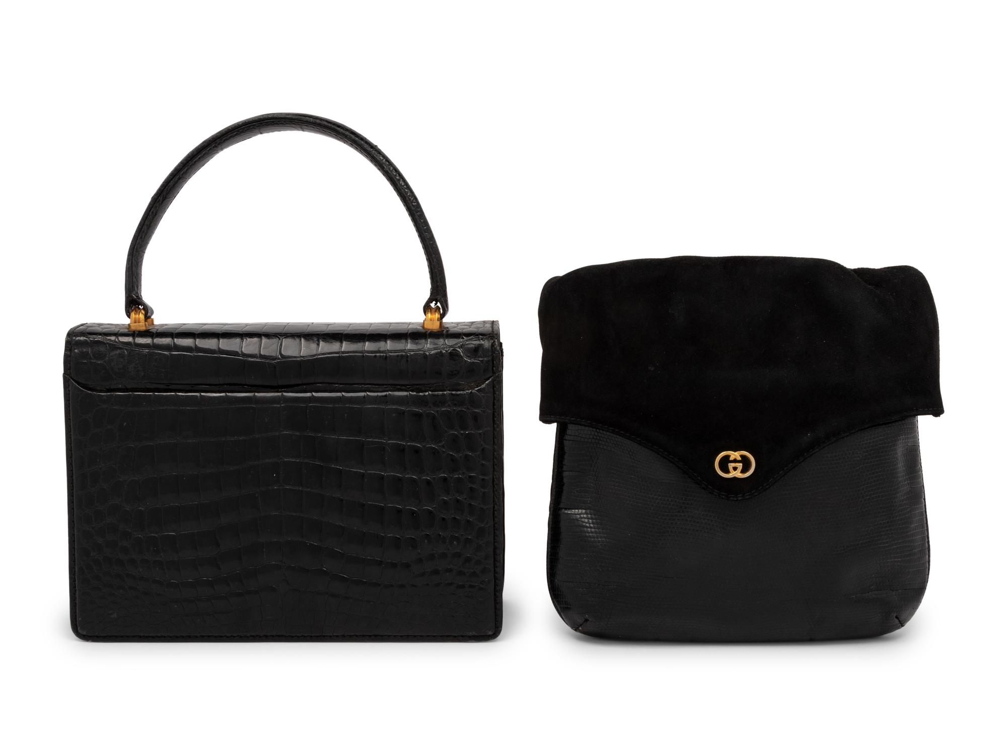 Two Gucci Handbags, Crocodile Top-Handle Bag and Lizard & Suede Crossbody Bag, 1960-70s