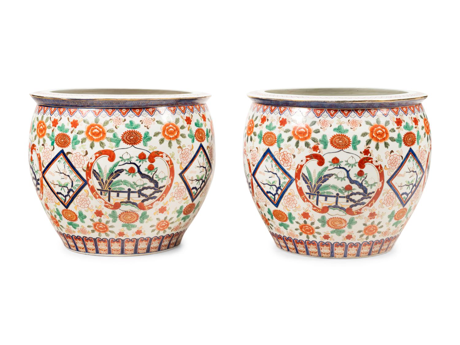 A Pair of Large Japanese Porcelain Fish Bowls