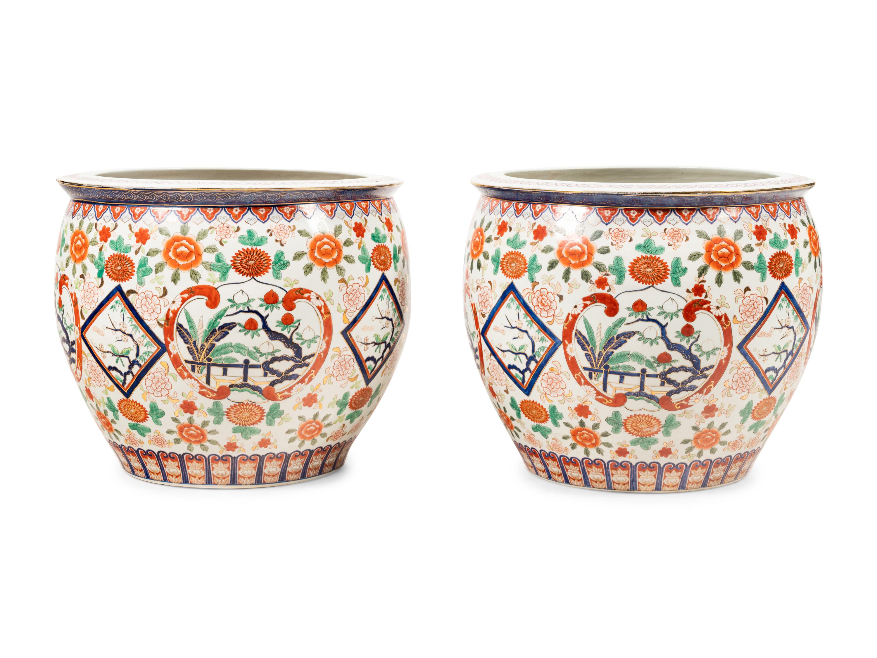 A Pair of Large Japanese Porcelain Fish Bowls