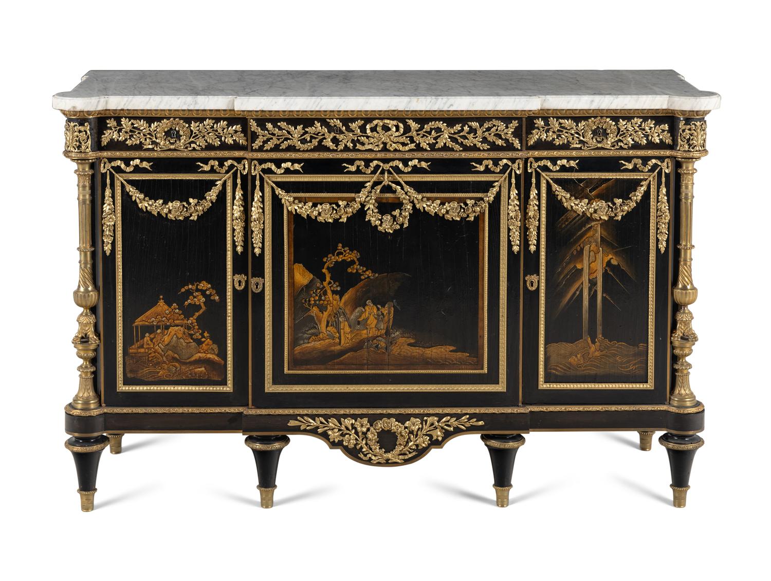 A Louis XVI Style Gilt Bronze Mounted Japanese Lacquer and Ebony Marble-Top Commode à Vantaux