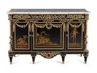 A Louis XVI Style Gilt Bronze Mounted Japanese Lacquer and Ebony Marble-Top Commode à Vantaux