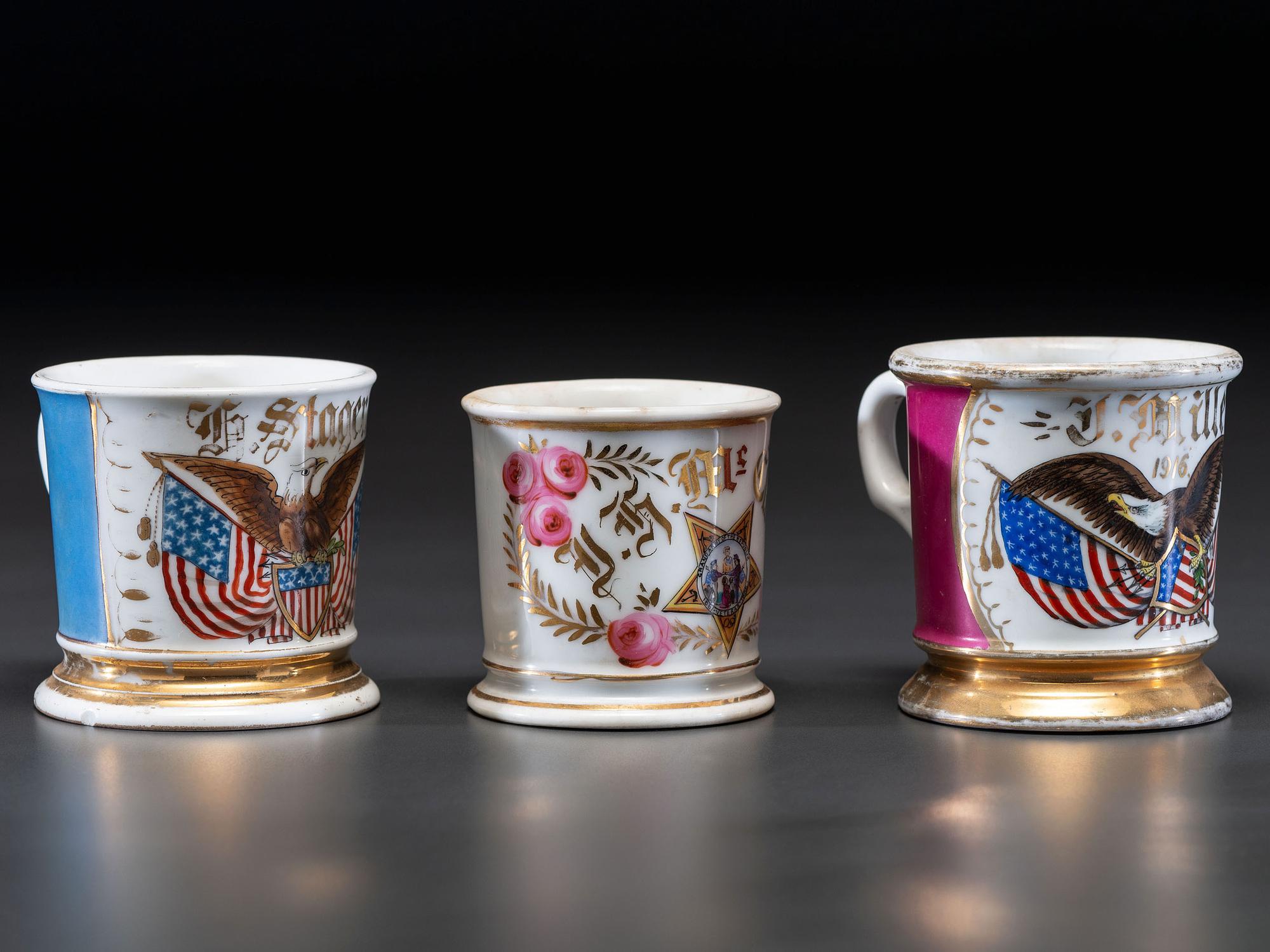 Three Veteran's Porcelain Shaving Mugs