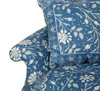 A George III Style Mahogany Settee Upholstered in Blue and White Linen