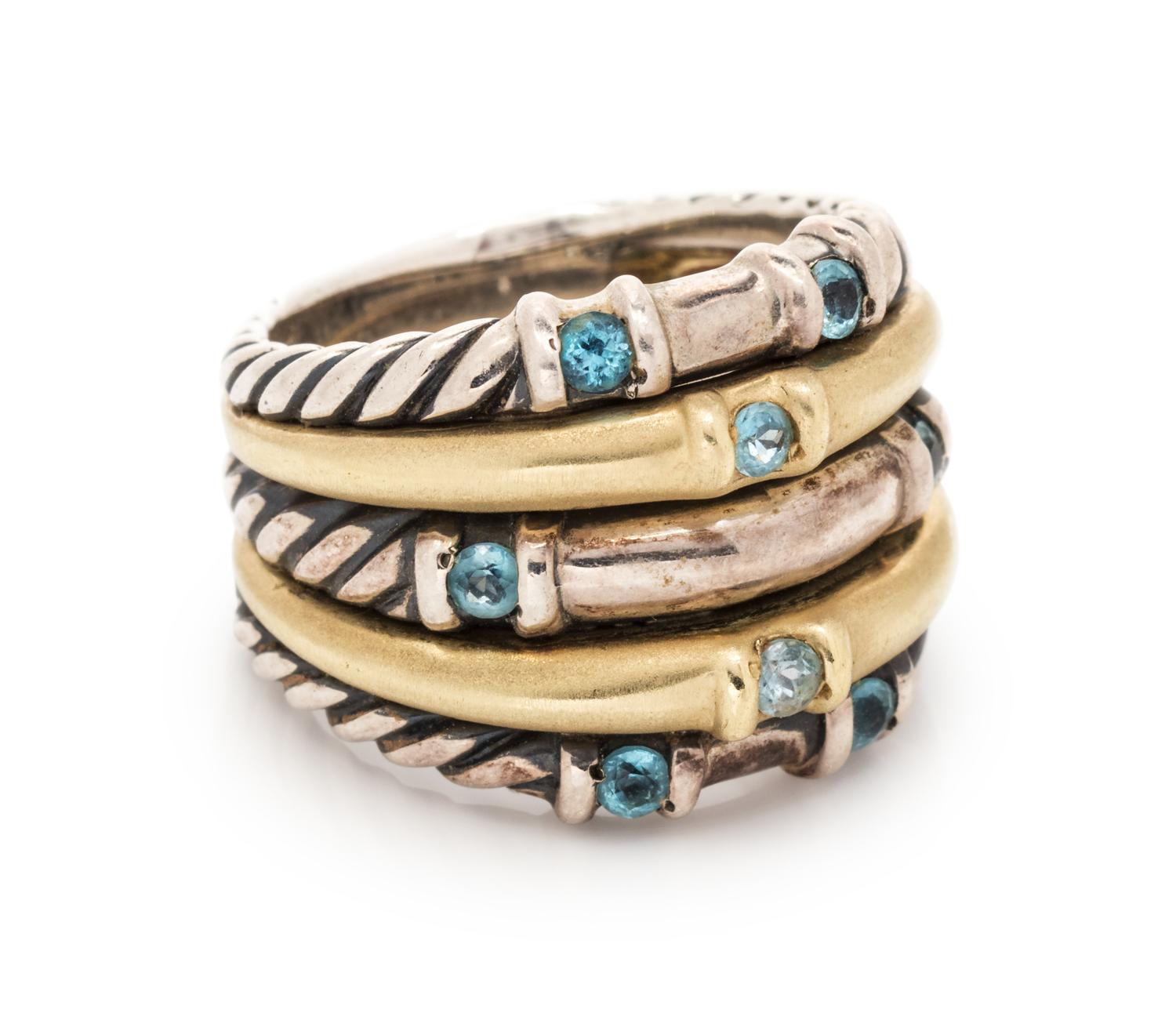 A Sterling Silver, 14 Karat Yellow Gold and Blue Topaz Ring, David Yurman,