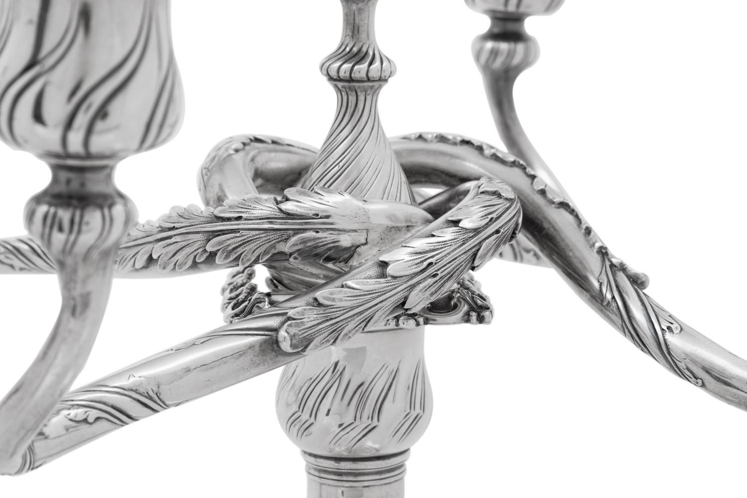 A Pair of Tiffany and Co. Silver Five-Light Candelabra