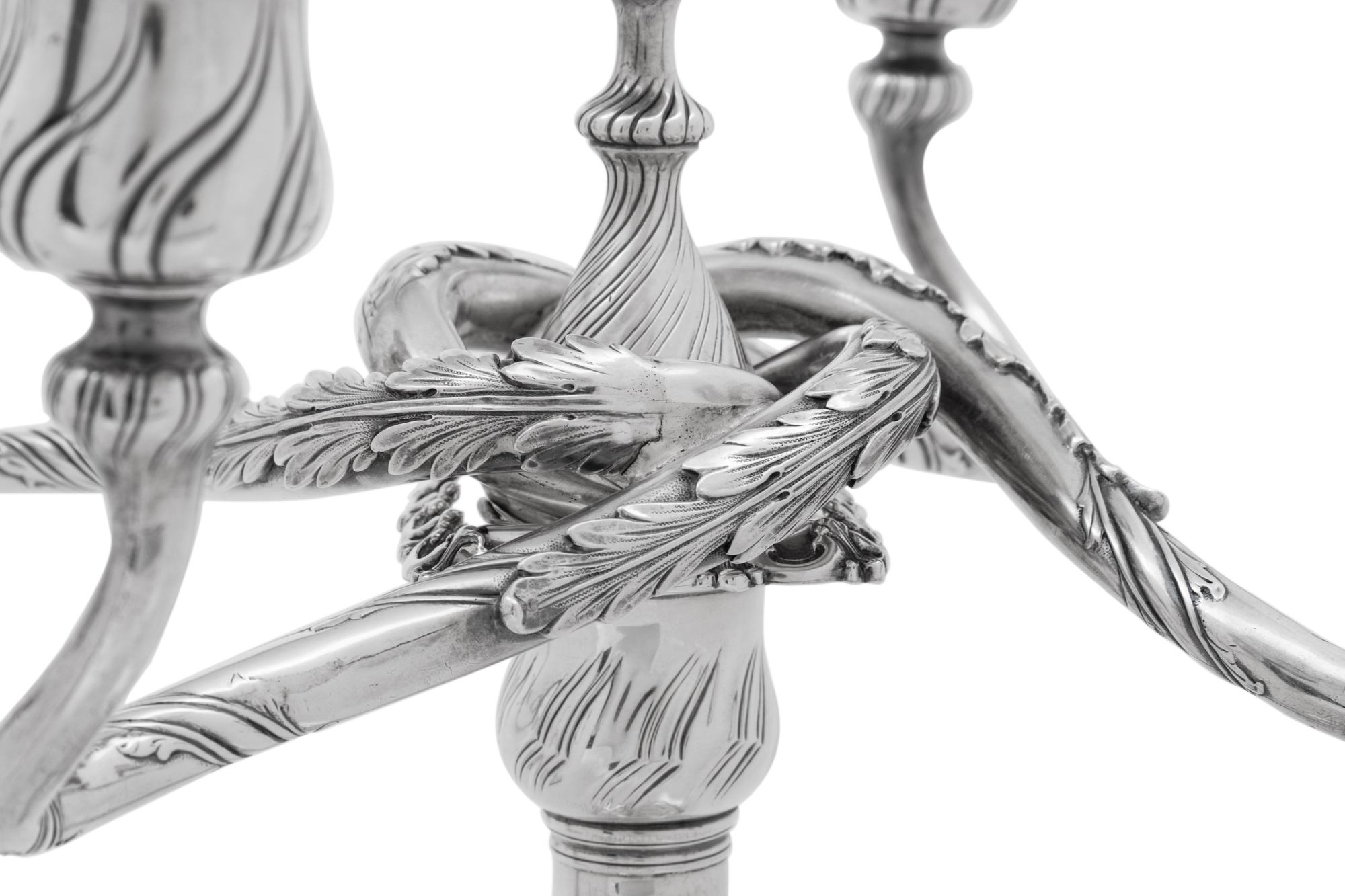A Pair of Tiffany and Co. Silver Five-Light Candelabra